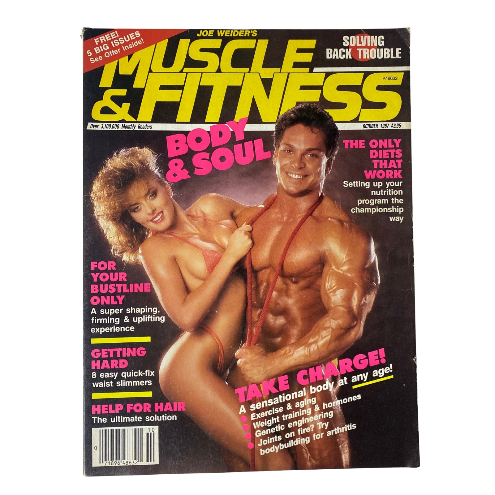 Cover of Muscle & Fitness Magazine October 1987 featuring Rich Gaspari and Leslee Bremmer, highlighting body and soul fitness, nutrition, and bodybuilding.