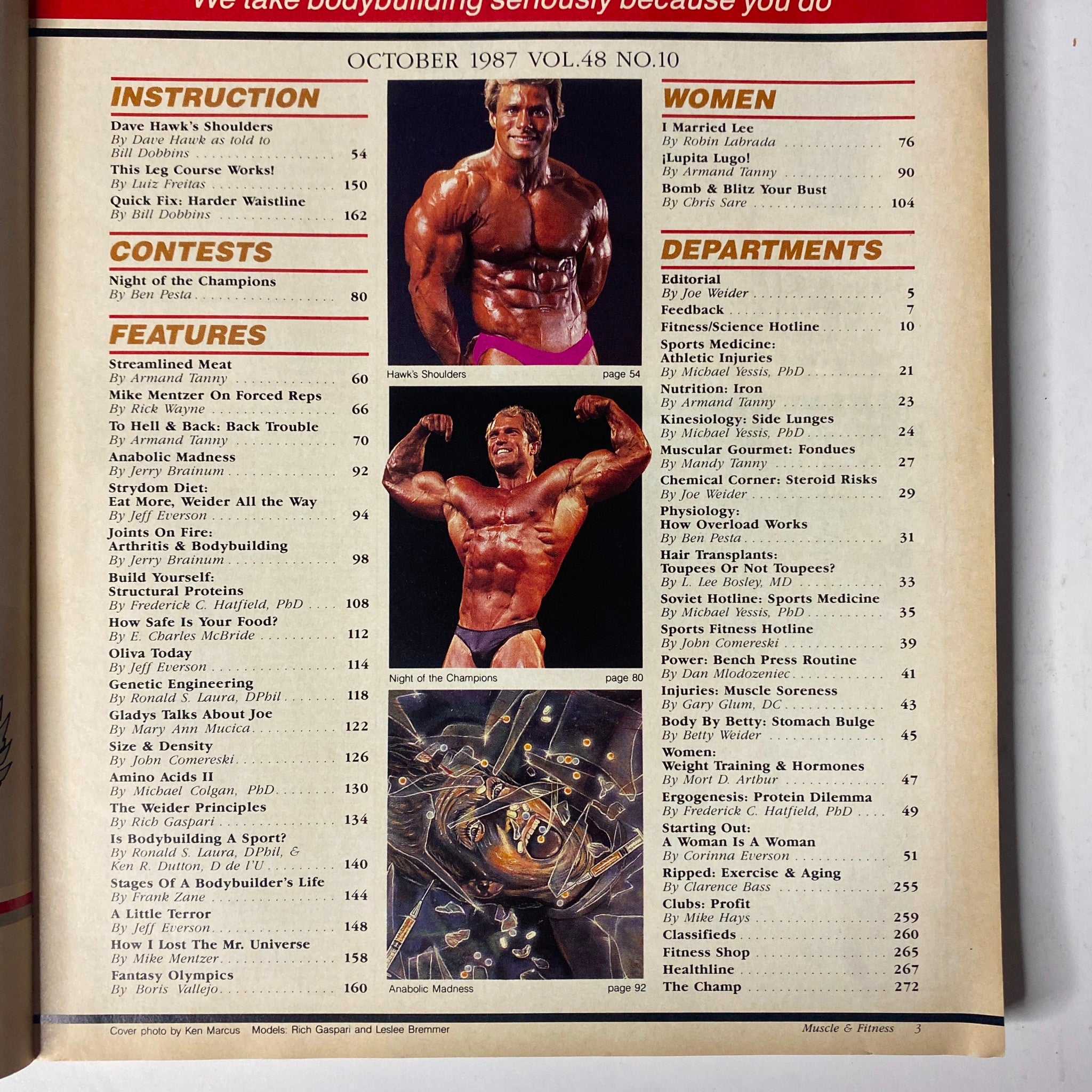 Contents page of Muscle & Fitness Magazine October 1987, detailing articles including Dave Hawk's Shoulders, Night of the Champions, and various fitness topics.