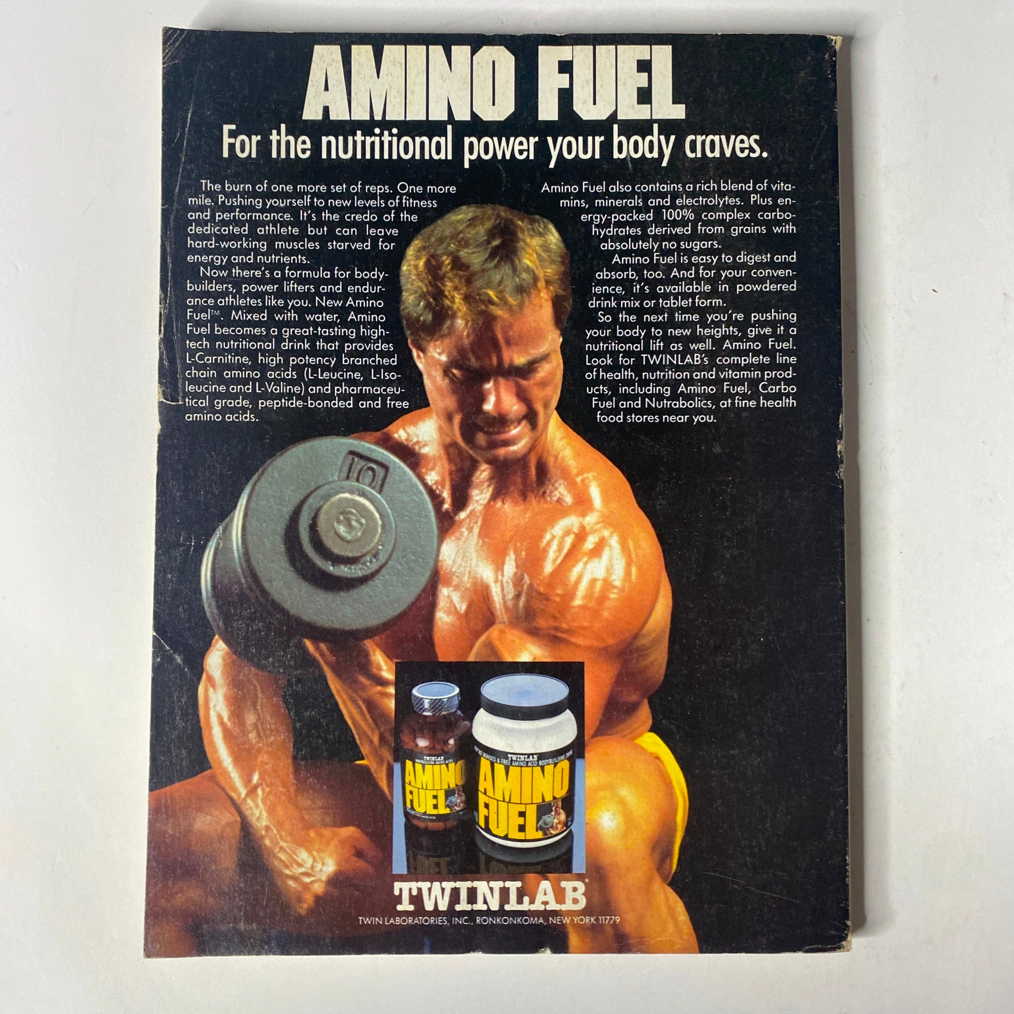 Advertisement from Muscle & Fitness Magazine October 1987 for Amino Fuel, showcasing nutritional supplements for bodybuilding and fitness.