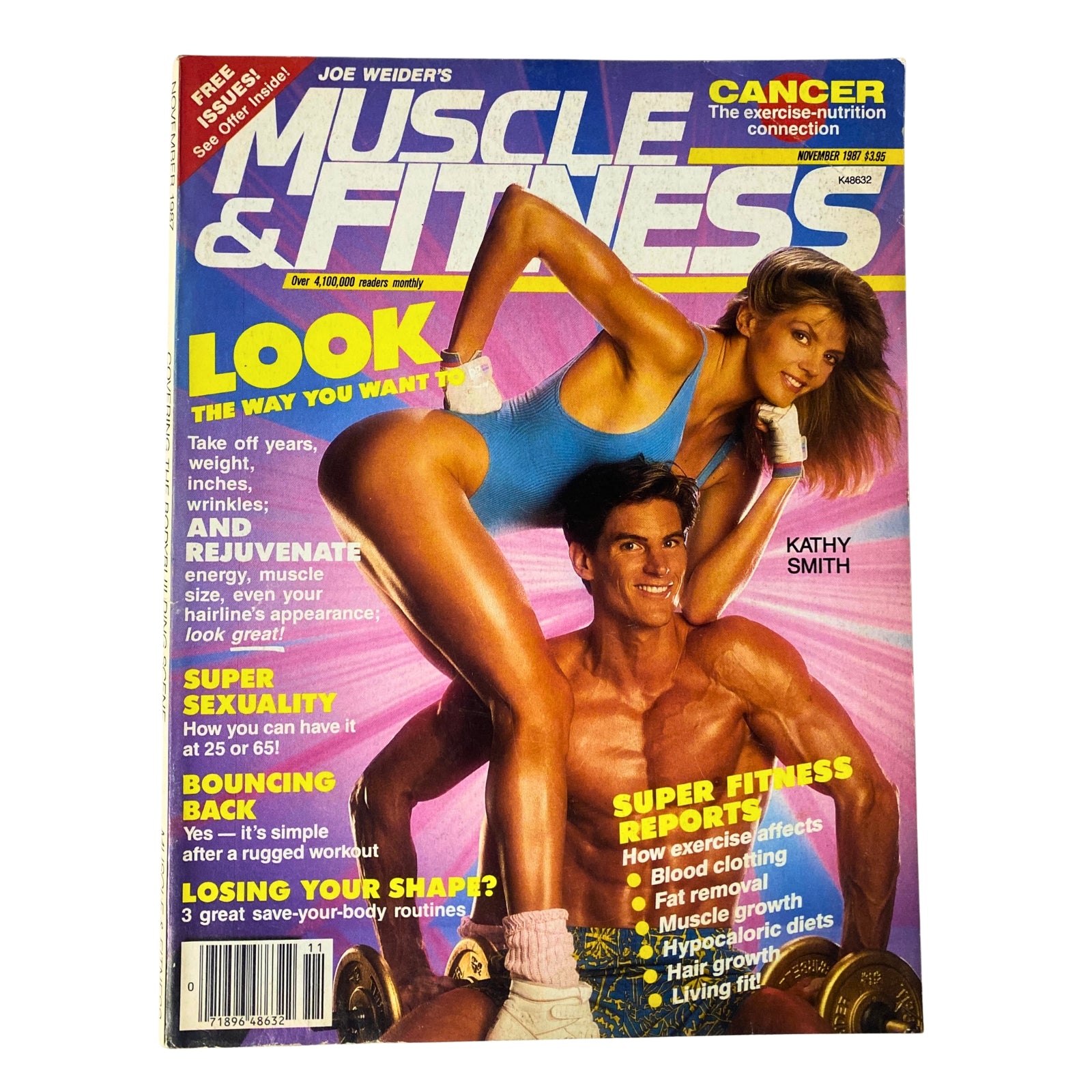 Muscle & Fitness Magazine November 1987 cover featuring Kathy Smith and Mark Findlay promoting fitness and bodybuilding tips.