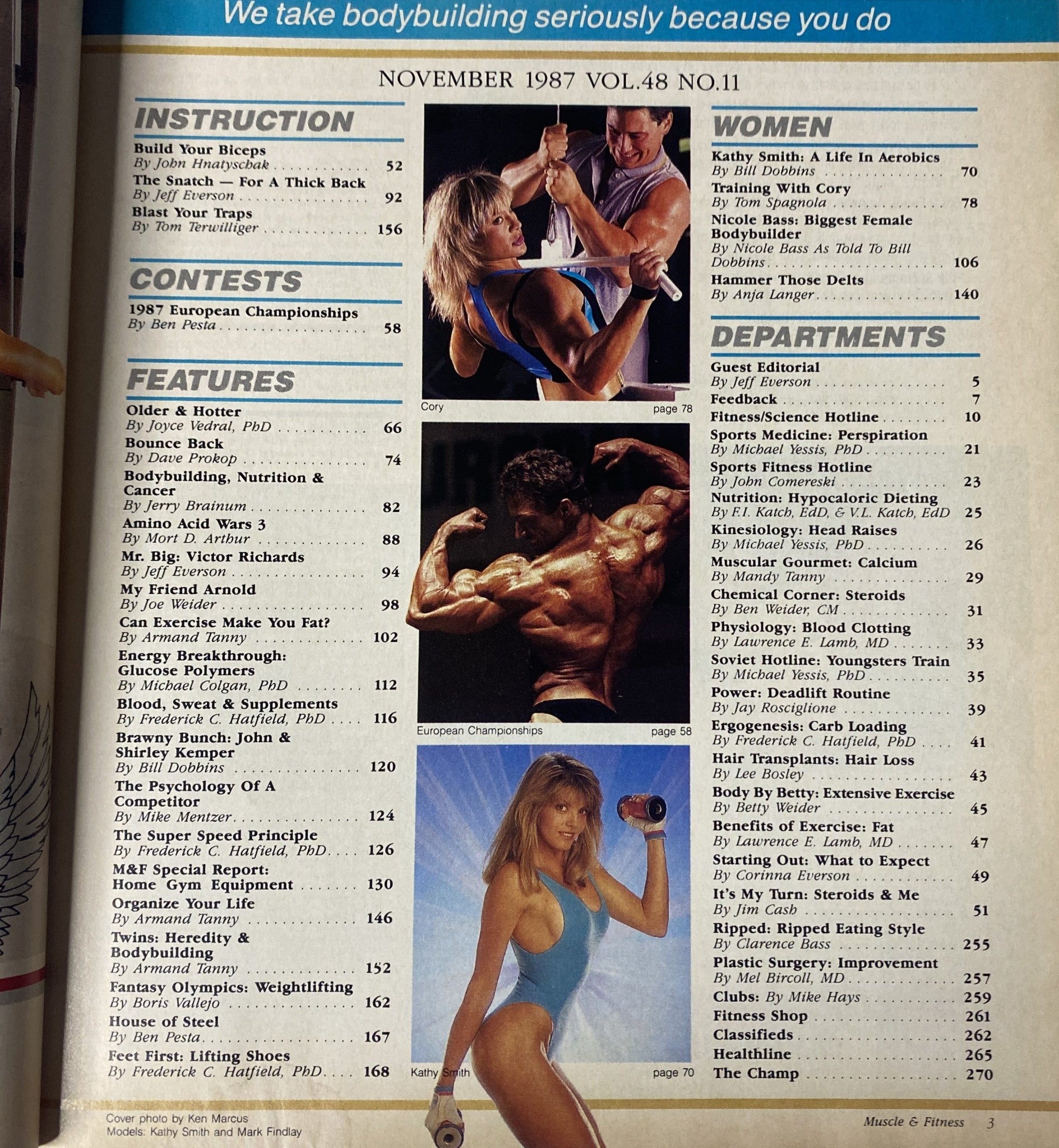 Page from Muscle & Fitness Magazine November 1987 showing contents including articles on bodybuilding, women's fitness, and contest information.