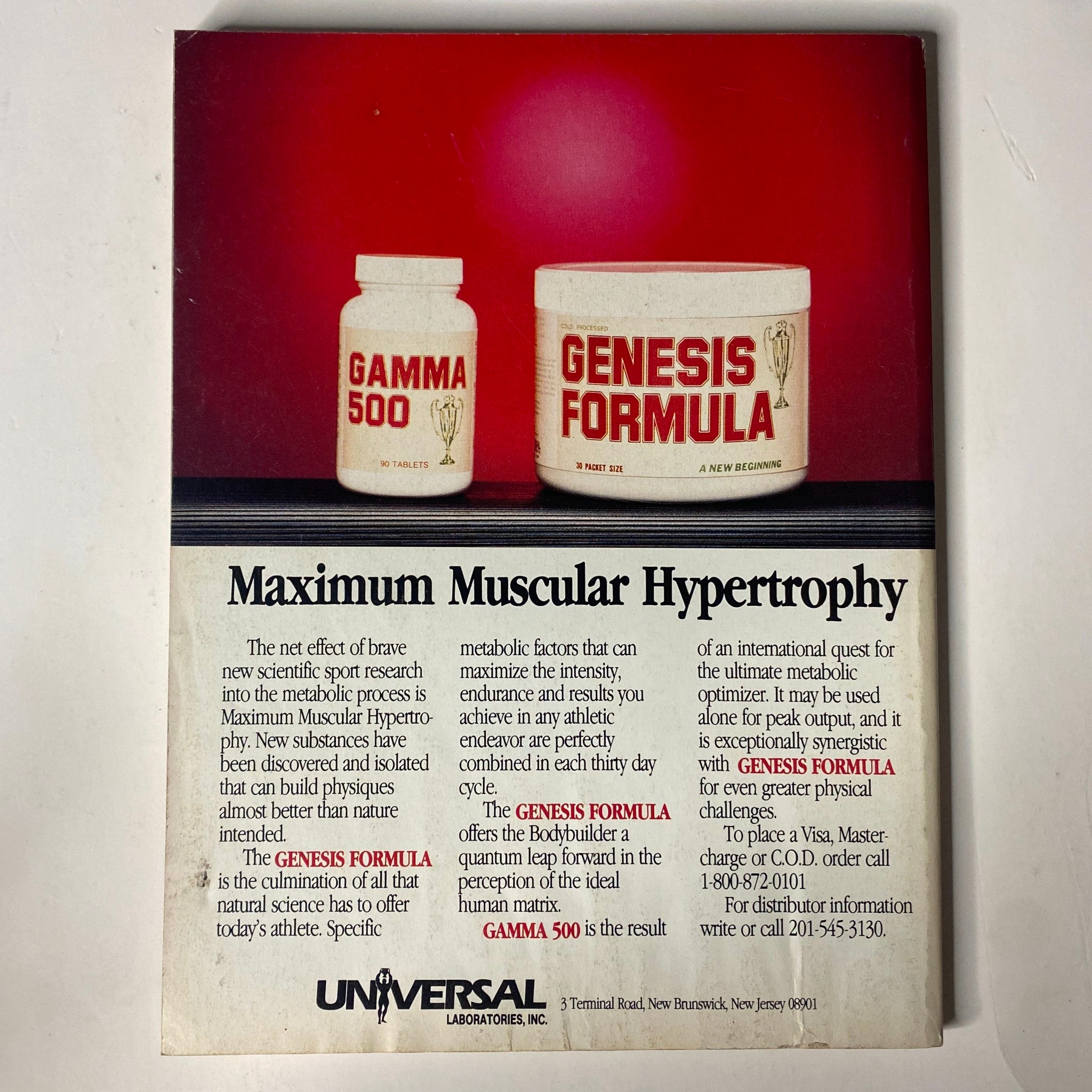 Advertising page from Muscle & Fitness Magazine November 1987 for Universal Laboratories showcasing muscle building supplements with emphasis on maximum muscular hypertrophy.