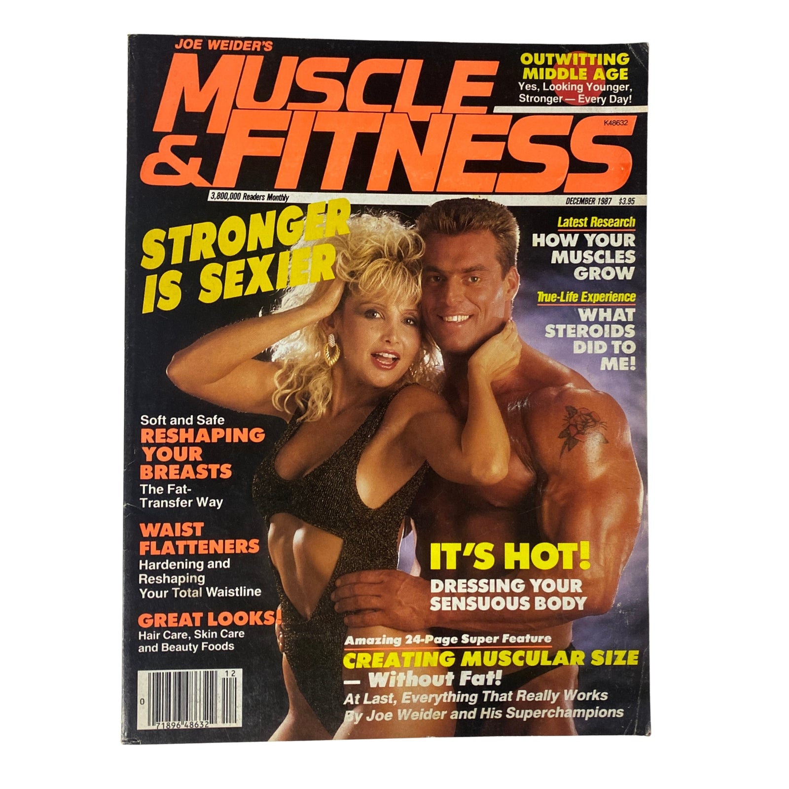 Muscle & Fitness Magazine December 1987 cover featuring Chris Sare and Berry DeMey, promoting bodybuilding and fitness with themes like 'Stronger is Sexier' and 'Creating Muscular Size Without Fat'.