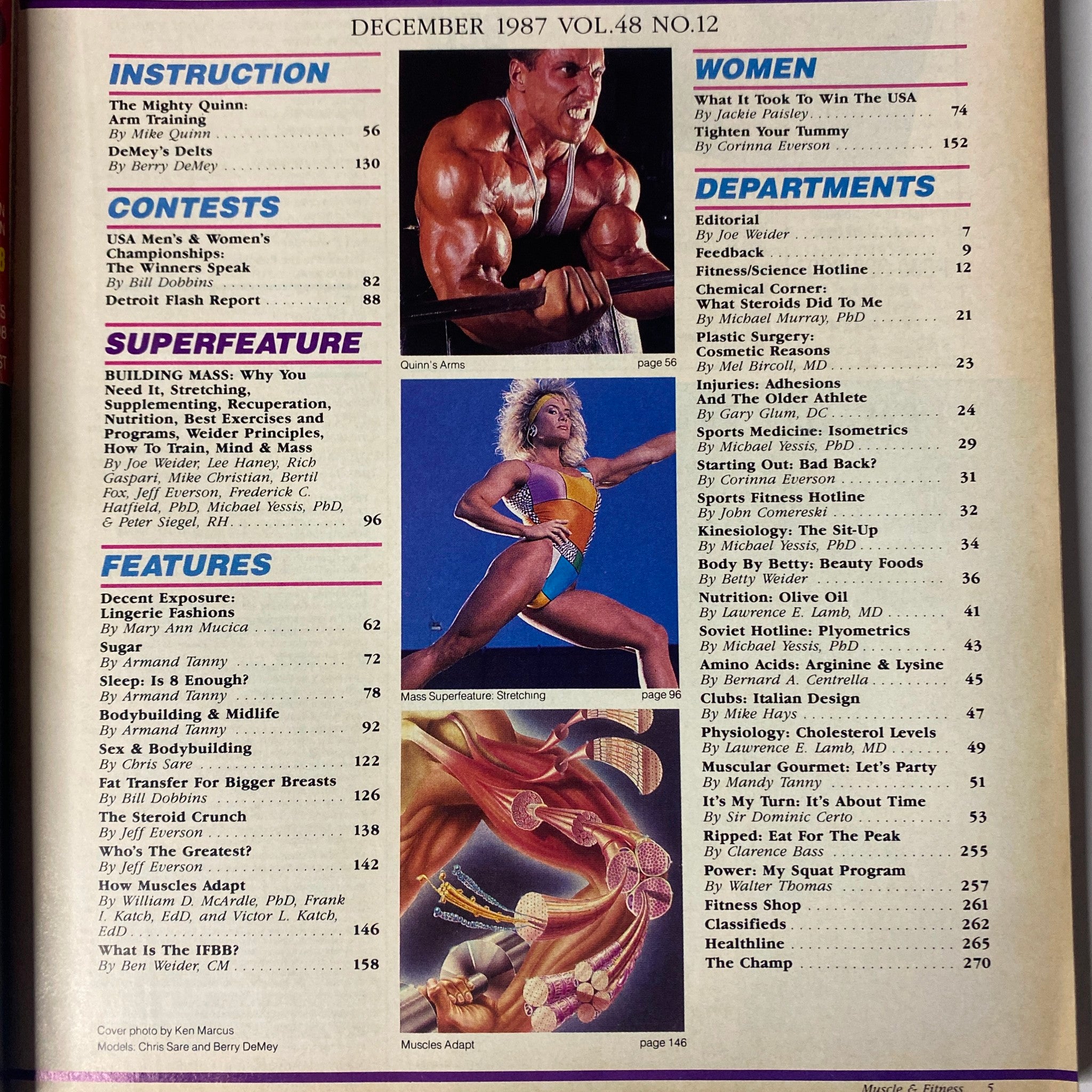 Interior page of Muscle & Fitness Magazine December 1987, showcasing content with bodybuilding instruction, superfeature articles, and features related to fitness and nutrition.