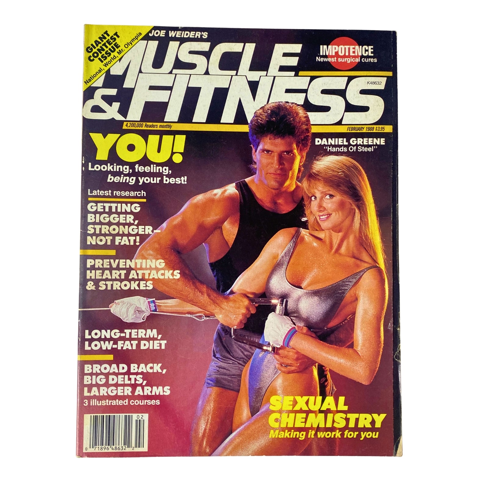 Cover of Muscle & Fitness Magazine February 1988 featuring Daniel Greene and Gail Smith, highlighting topics like preventing heart attacks and strokes, sexual chemistry, and getting bigger. No label present.