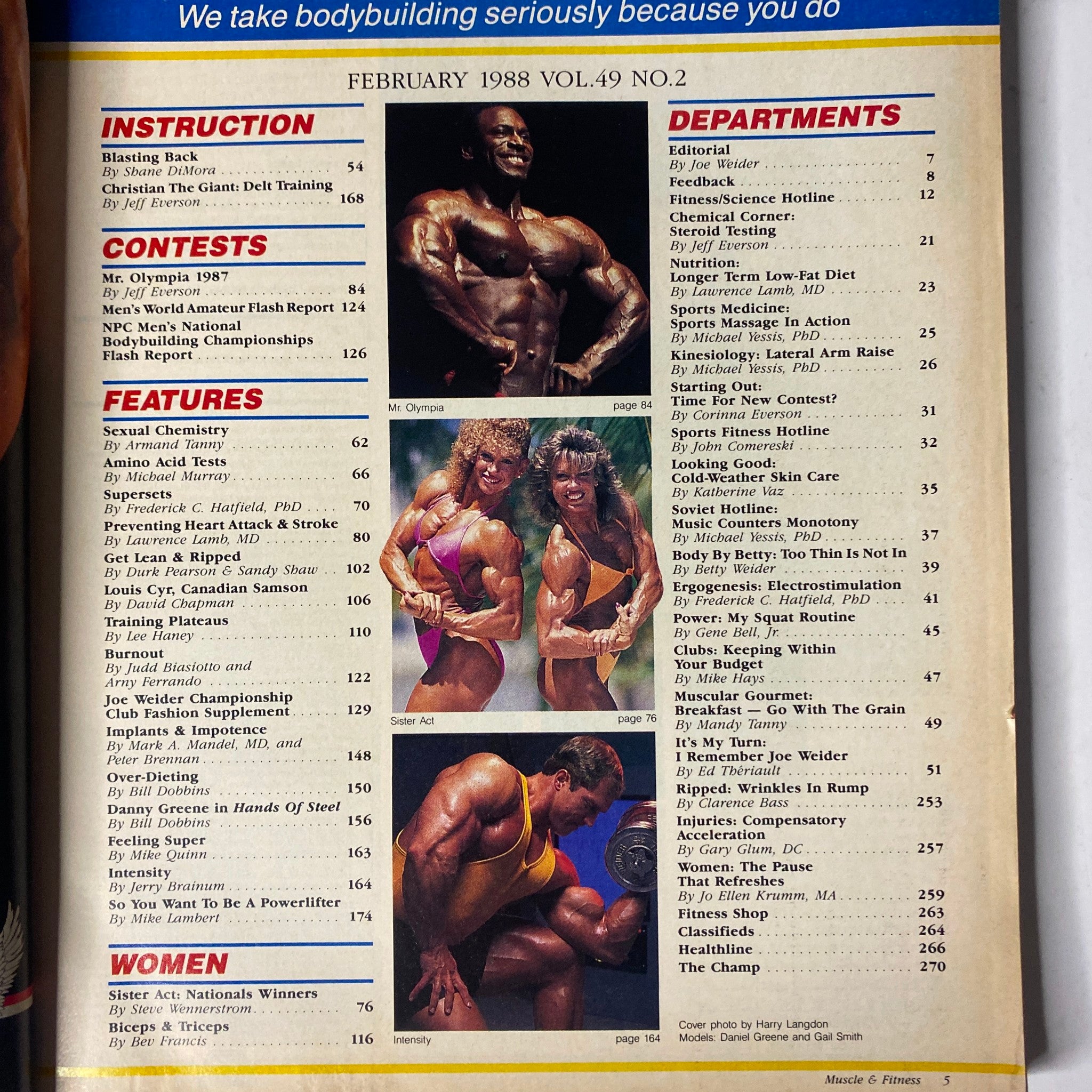 Table of contents from Muscle & Fitness Magazine February 1988, outlining articles on blasting back, contests, health tips, and fitness-related features.
