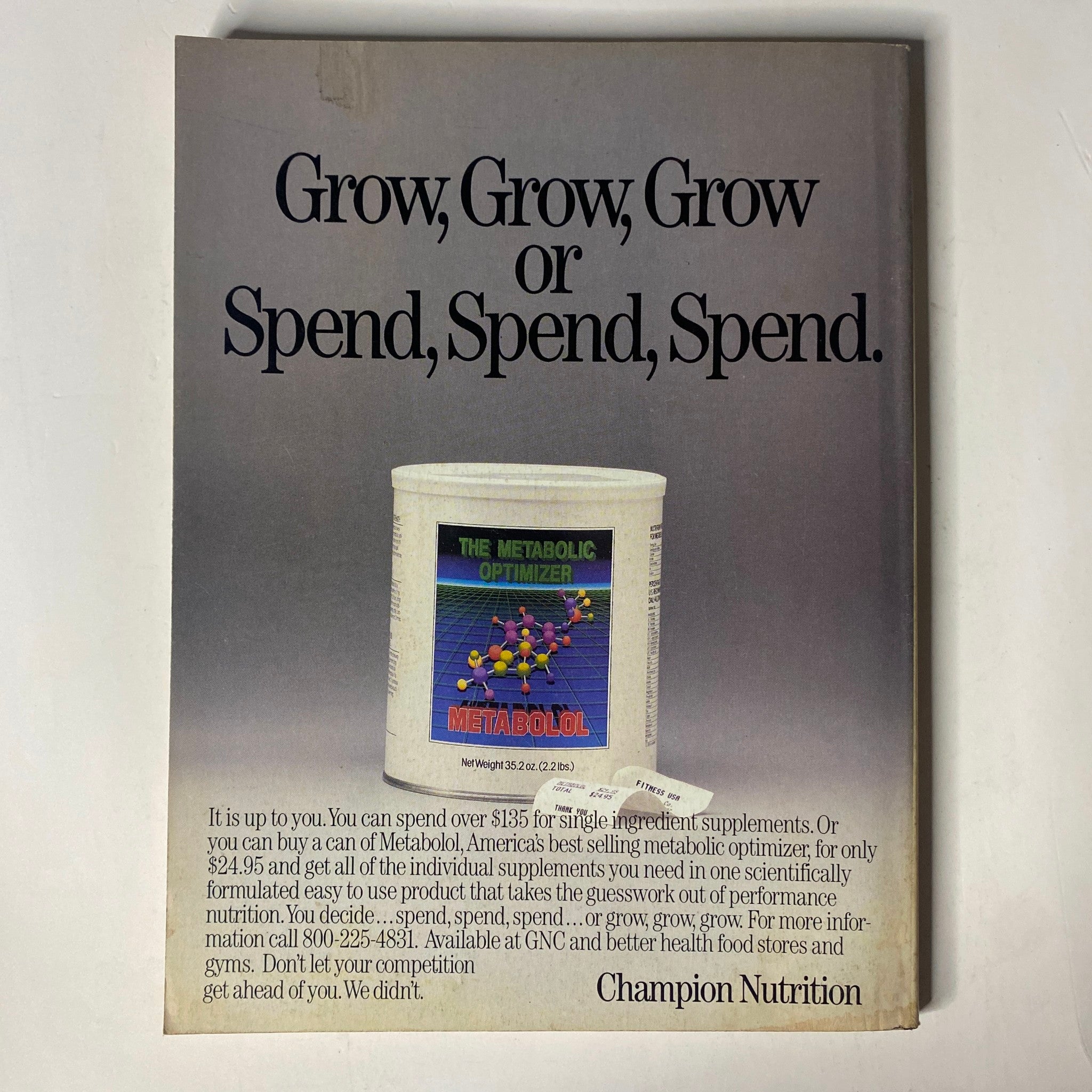 Back cover of Muscle & Fitness Magazine February 1988, advertising Champion Nutrition's Metabolic Optimizer with a focus on dietary supplements.