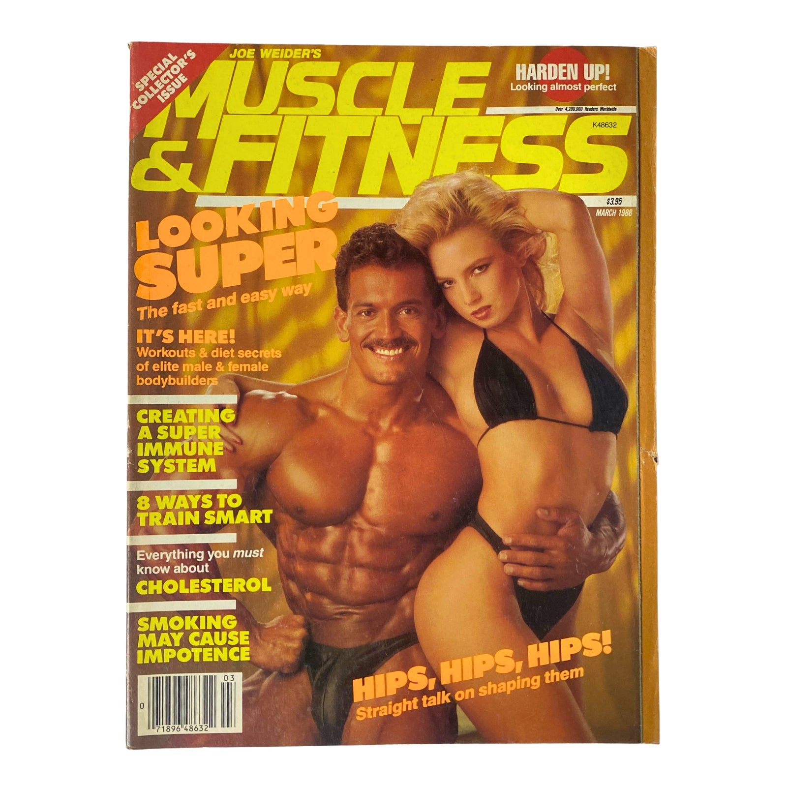 Muscle & Fitness Magazine March 1988 featuring Lee Labrada and Nora on the cover, showcasing fitness tips and bodybuilding insights, in good condition without a mailing label.