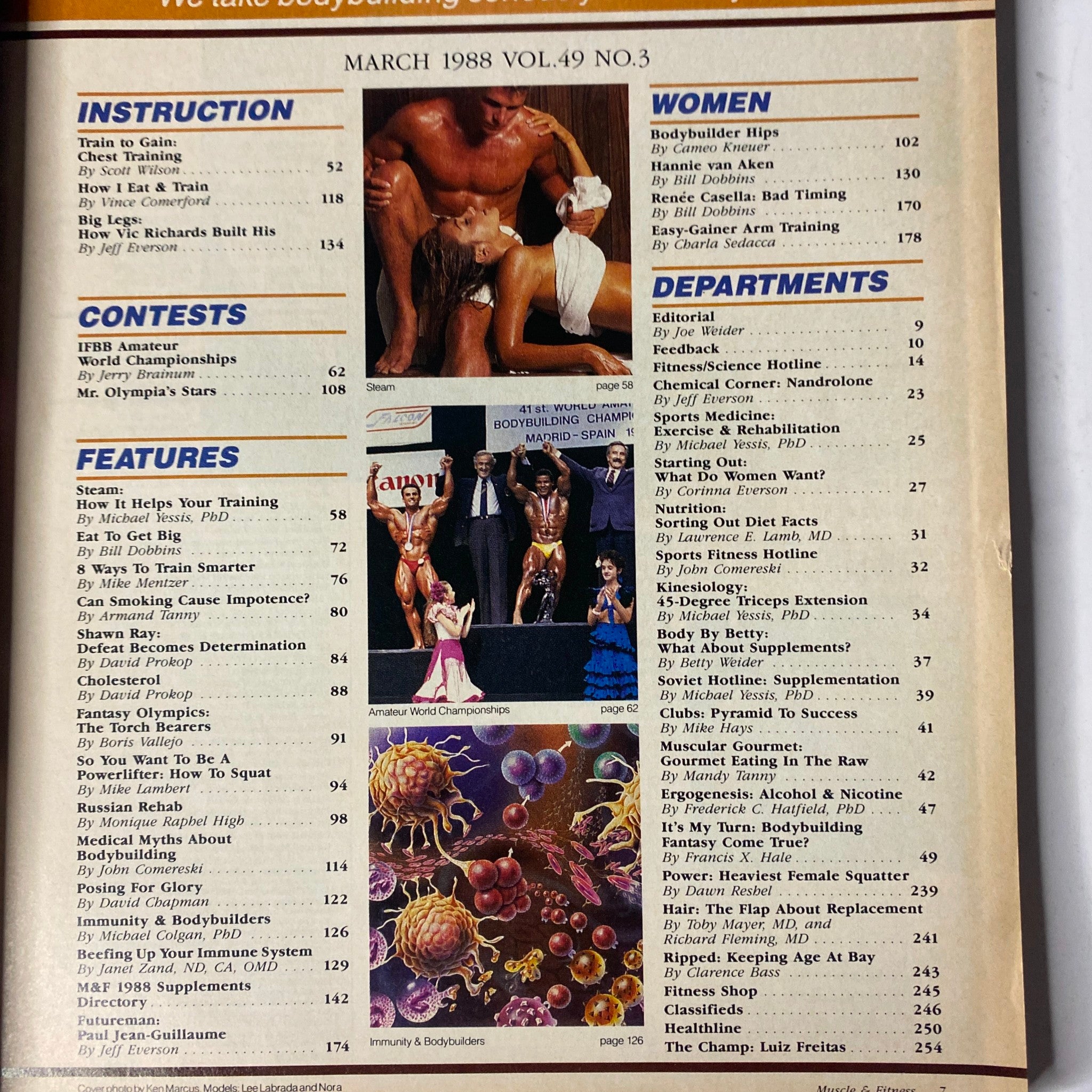 Muscle & Fitness Magazine March 1988 featuring Lee Labrada and Nora on the cover, showcasing content on bodybuilding, nutrition, training techniques, and wellness. The magazine highlights articles like 'Train to Gain: Chest Training' and the 'IFBB Amateur World Championships', ideal for fitness enthusiasts and collectors.