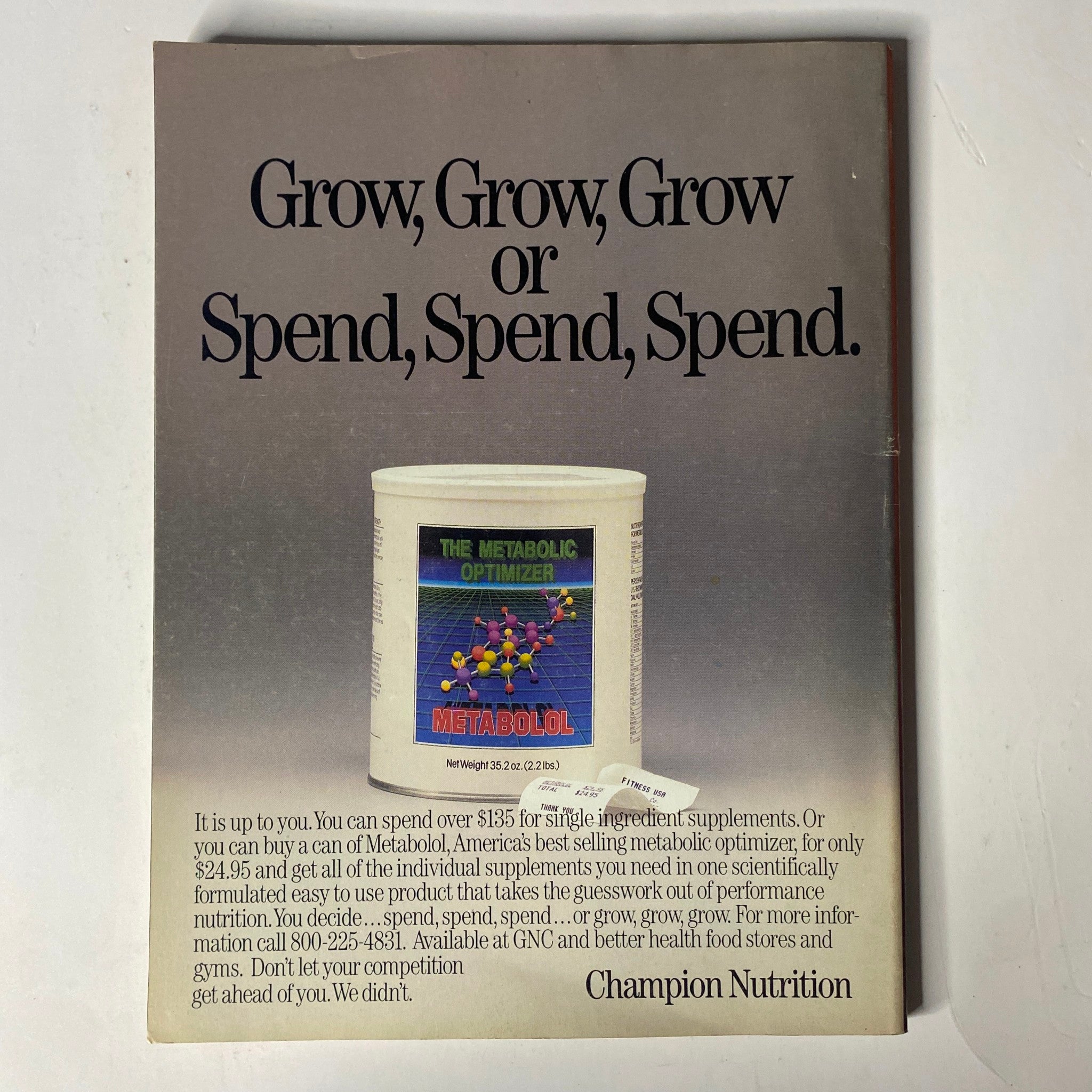 Promotional image for 'The Metabolic Optimizer' Metabolol by Champion Nutrition, emphasizing the importance of dietary supplements for bodybuilding and fitness. The ad invites users to explore the benefits of this best-selling supplement, featured in Muscle & Fitness Magazine March 1988.