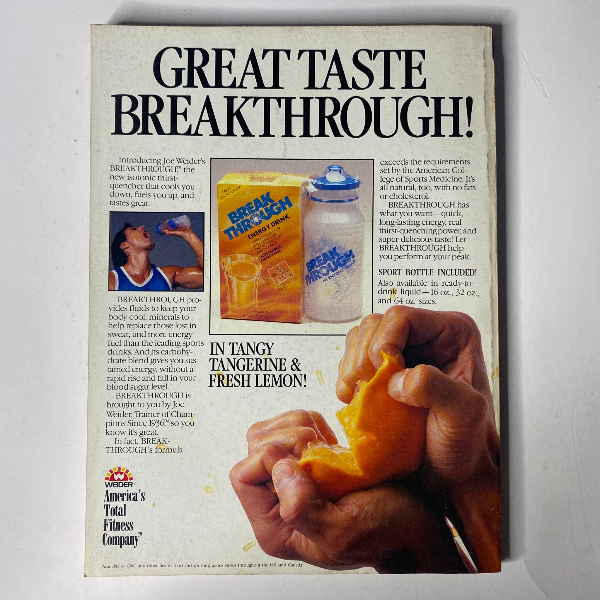 Back cover of Muscle & Fitness Magazine April 1988 advertising Breakthrough supplement with a hand holding a sport bottle in fresh tangerine flavor.