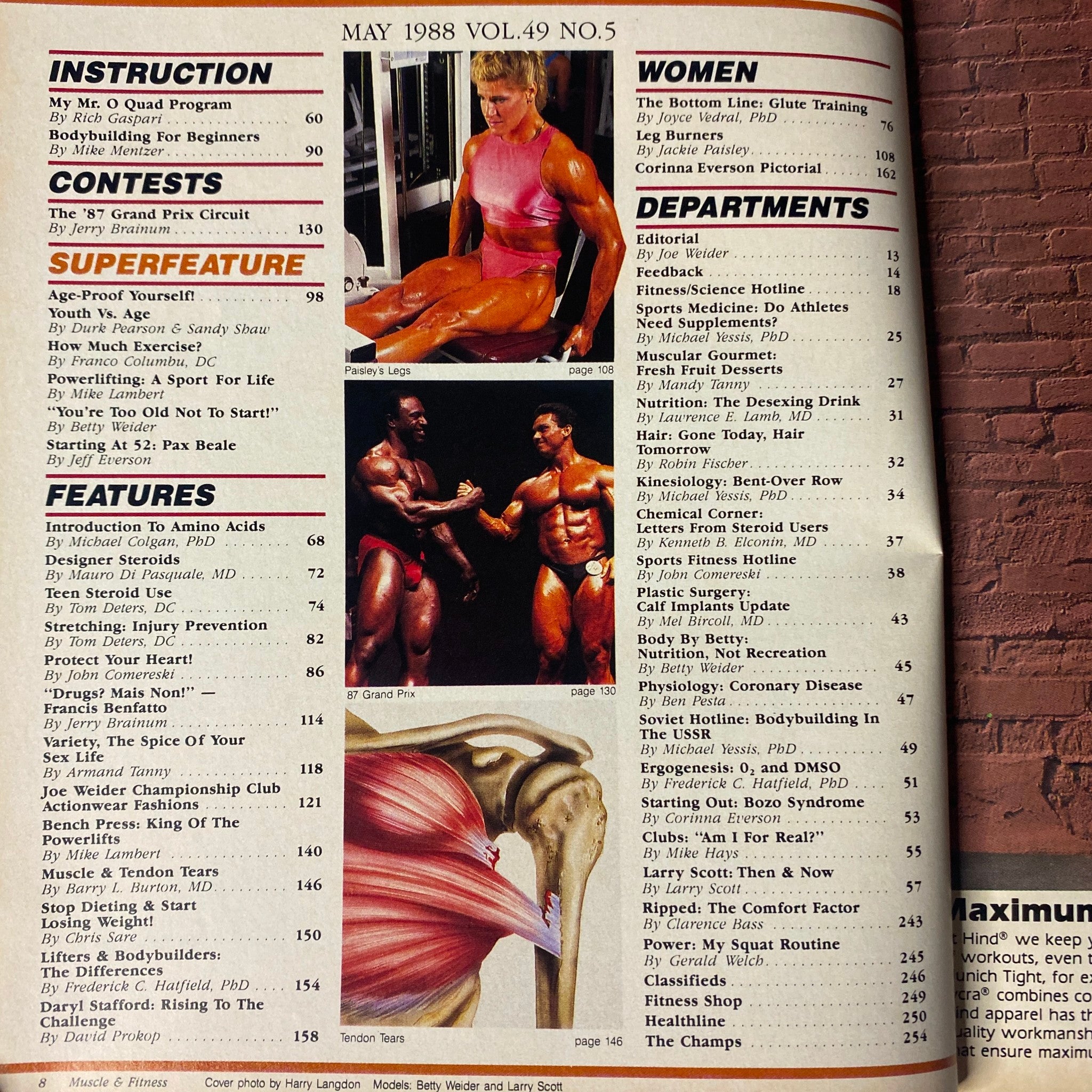 Table of contents from Muscle & Fitness Magazine May 1988, showcasing articles on bodybuilding, exercise techniques, and health tips.
