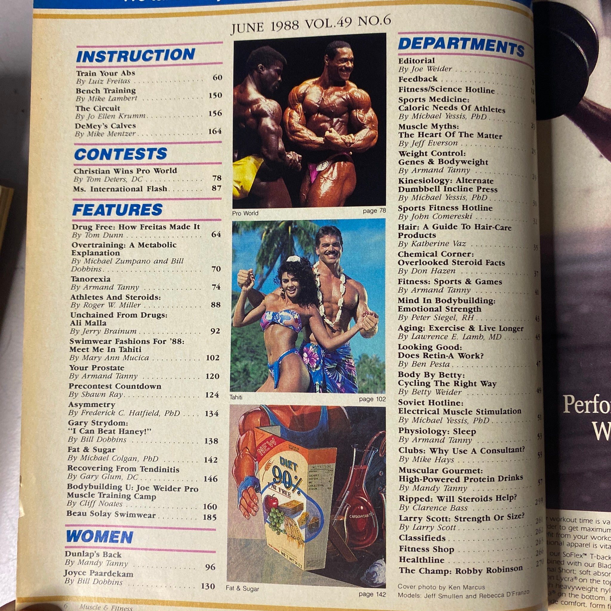 Contents page from Muscle & Fitness Magazine, June 1988 highlighting featured articles. Includes instructions for training, contests, features on drug-free bodybuilding, and more fitness-related tips.