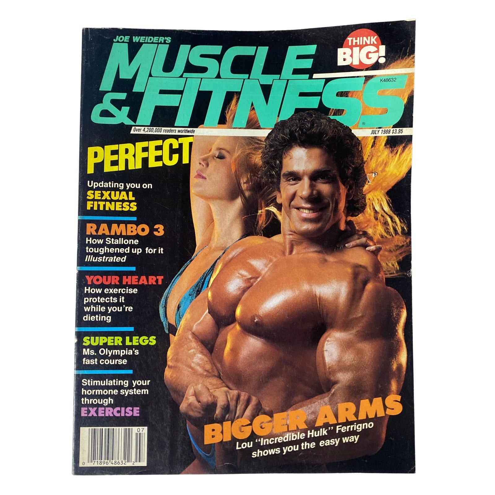 Muscle & Fitness Magazine July 1988 featuring Lou Ferrigno on the cover showcasing bodybuilding and fitness themes.
