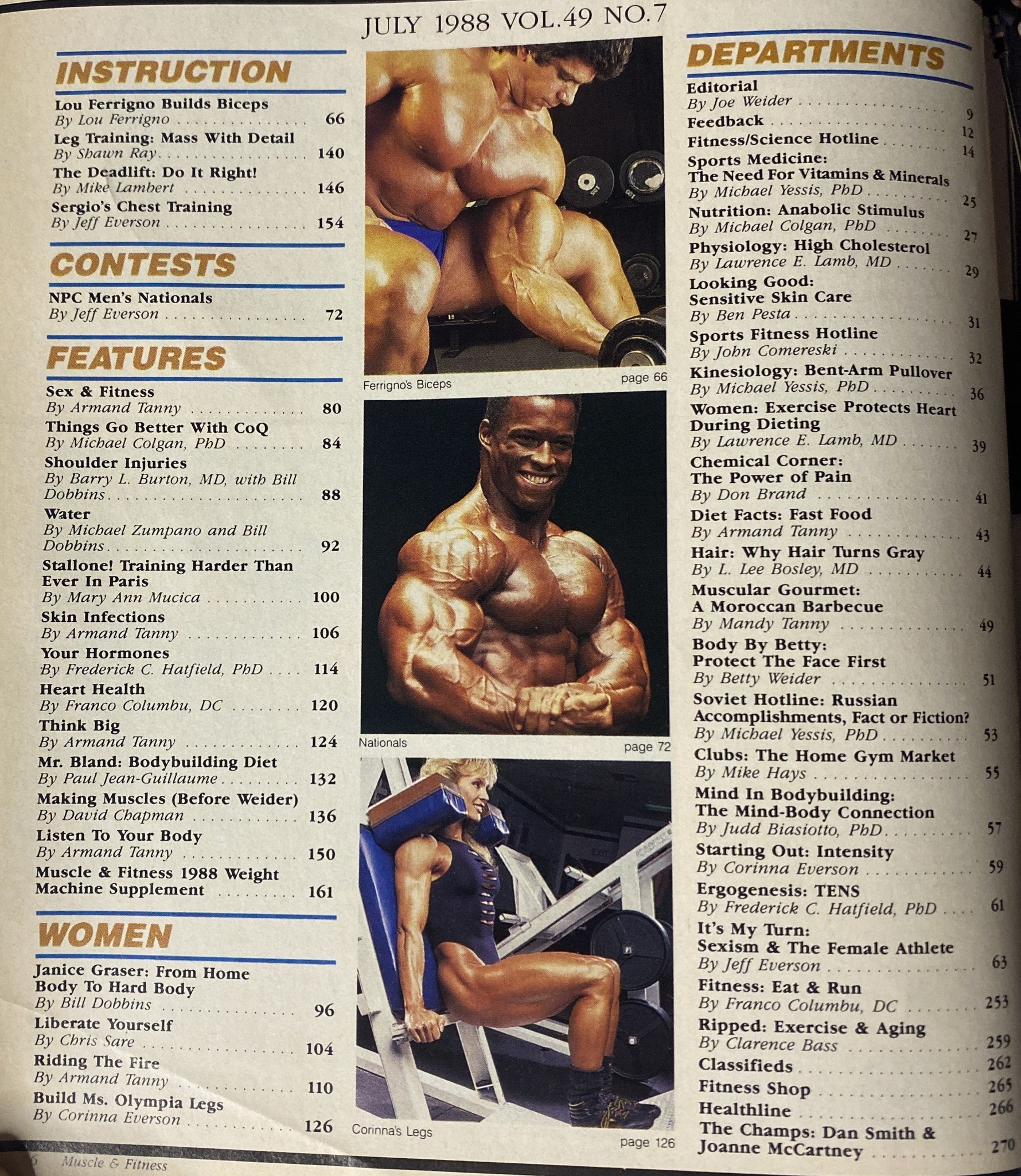 Inside content page of Muscle & Fitness Magazine July 1988 listing features including bodybuilding exercises and nutrition advice.