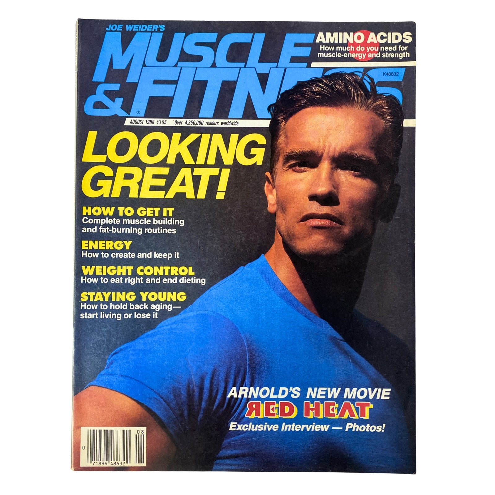 Muscle & Fitness Magazine August 1988 featuring Arnold Schwarzenegger on the cover, showcasing fitness tips and Arnold's movie 'Red Heat'.