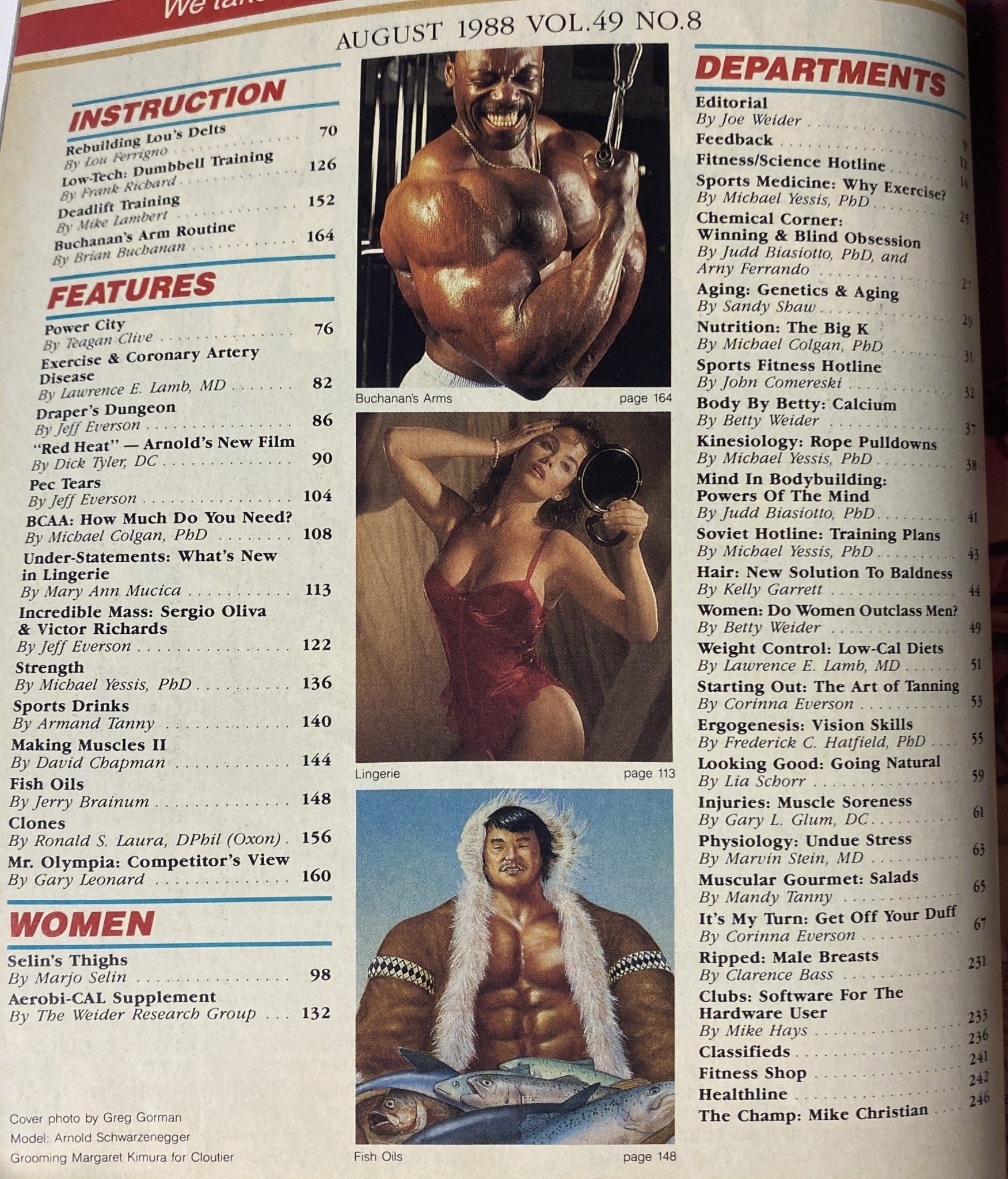 Contents page of Muscle & Fitness Magazine August 1988, detailing features like training routines and articles by notable fitness experts.