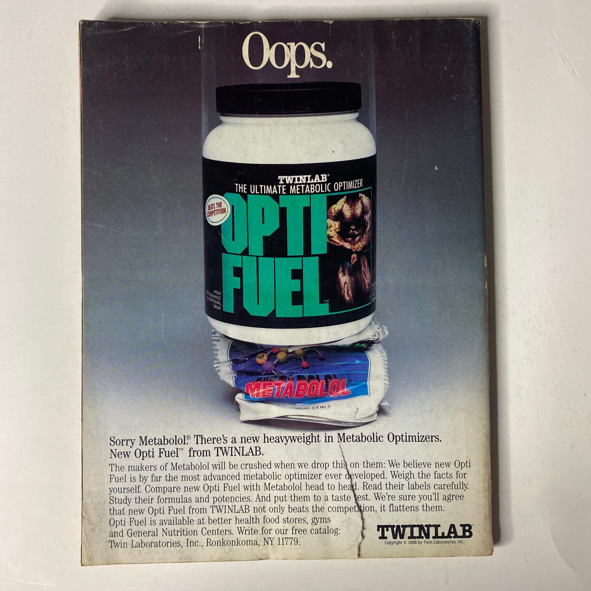 Advertisement for Twinlab's Opti Fuel featured in Muscle & Fitness Magazine August 1988, promoting a new metabolic optimizer for fitness enthusiasts.