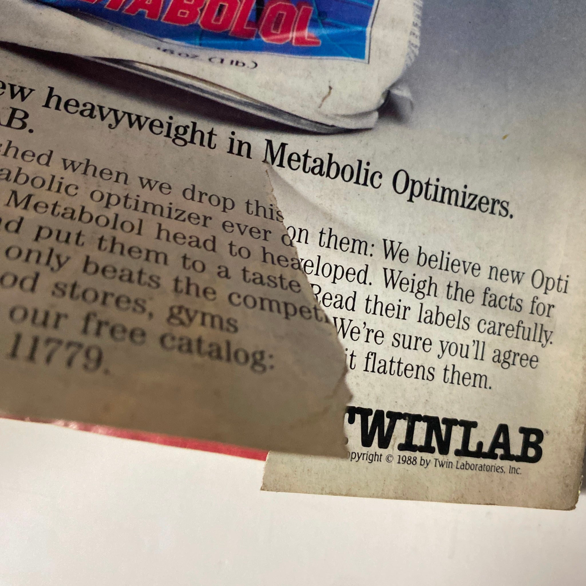 Close-up of the Twinlab Metabolol advertisement from Muscle & Fitness Magazine August 1988, discussing the benefits of their products.