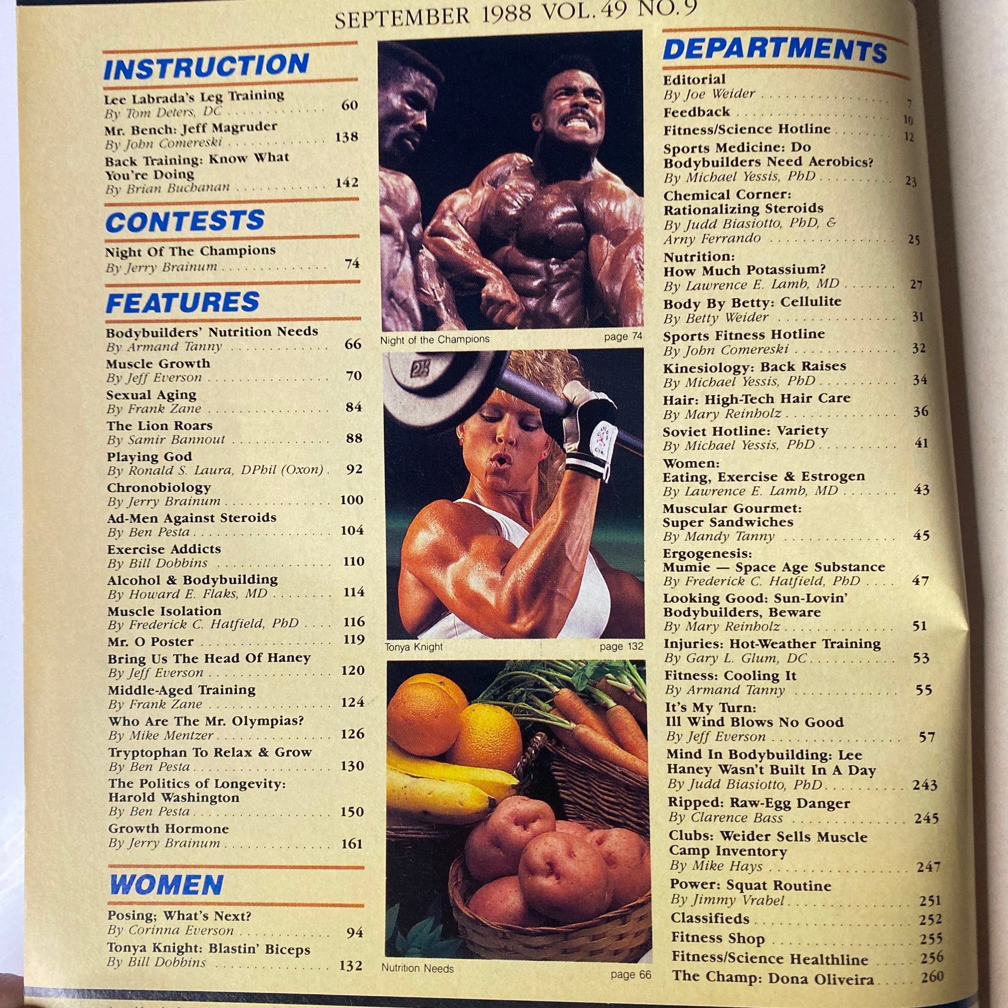 Muscle & Fitness Magazine September 1988 cover featuring Ralf Moeller and Kathy Stangel, including contents from the issue like Lee Labrada's Leg Training, Mr. Bench Jeff Magruder, and bodybuilders' nutrition needs.