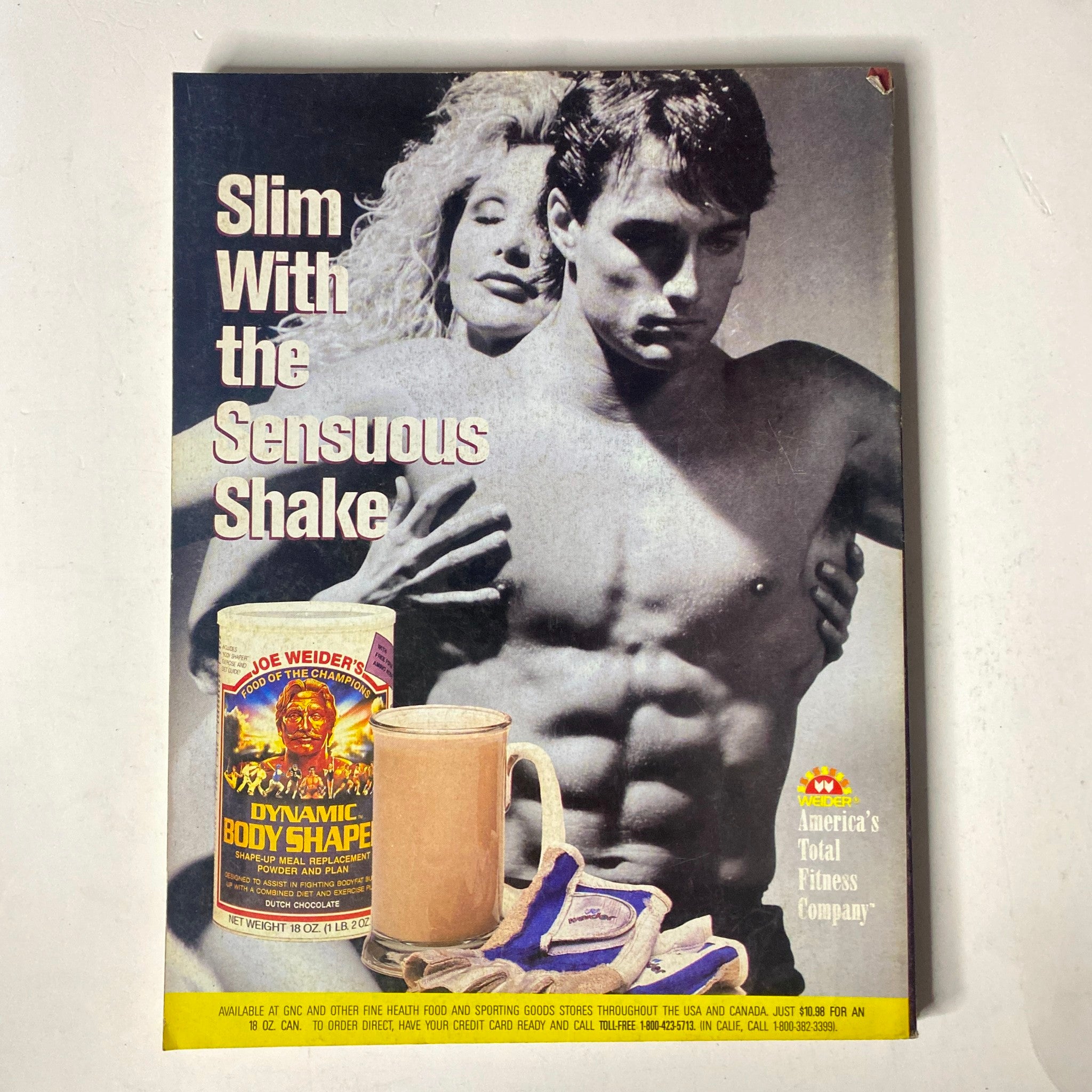Muscle & Fitness Magazine September 1988 advertisement for Joe Weider's Slim With the Sensuous Shake, showcasing a muscular man with a protein shake and images of healthy food.