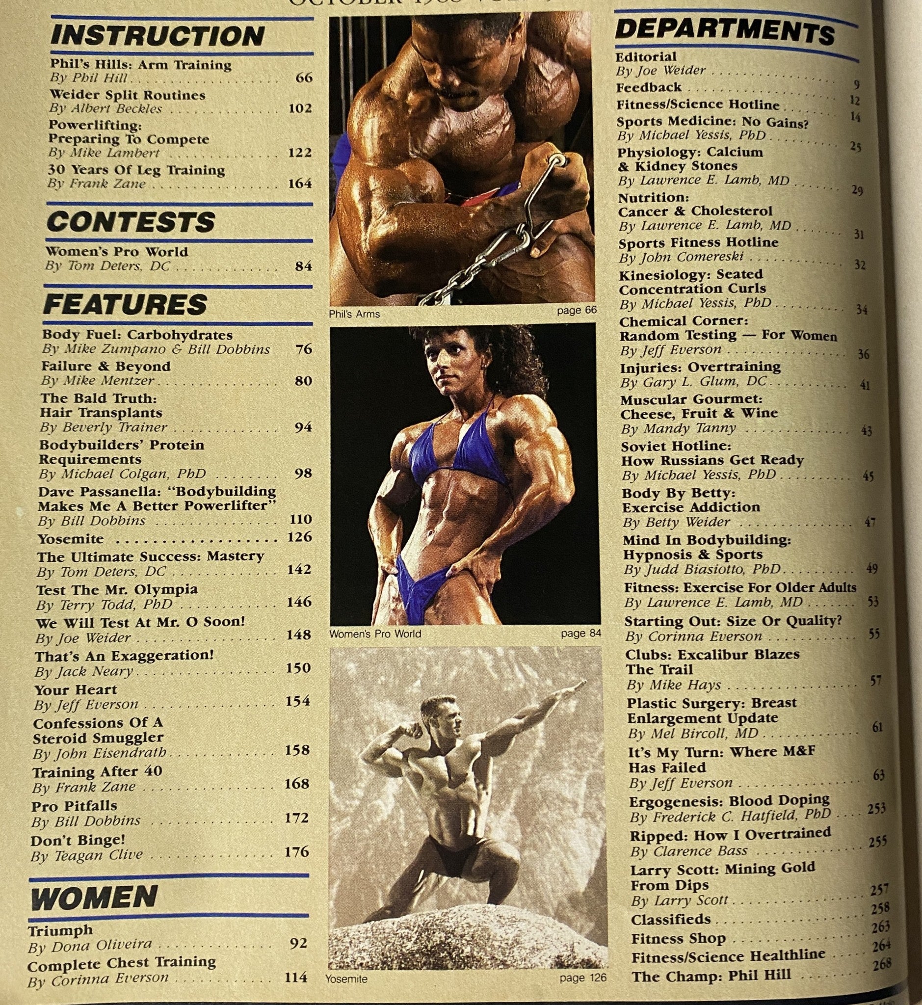 Contents page from Muscle & Fitness Magazine October 1988, detailing articles on bodybuilding, nutrition, and fitness, including features by renowned fitness experts.