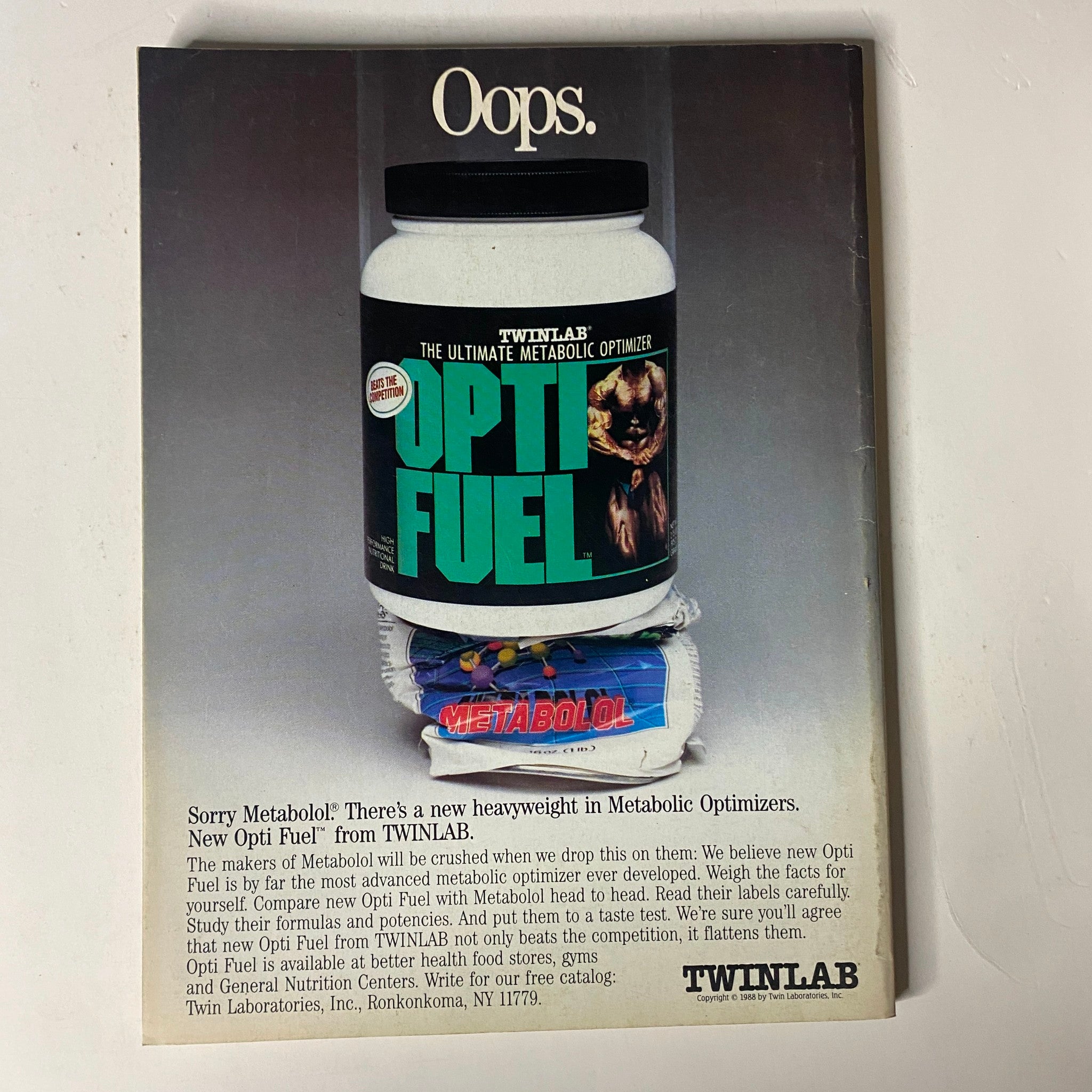 Advertisement for Opti Fuel from Twinlab in Muscle & Fitness Magazine October 1988, promoting metabolic optimizers and health supplements.