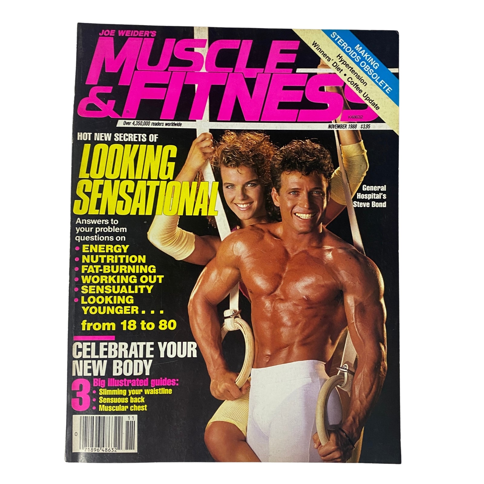 Muscle & Fitness Magazine November 1988 featuring Steve Bond and Yvette Nipar on the cover, showcasing tips on looking sensational and fitness advice.