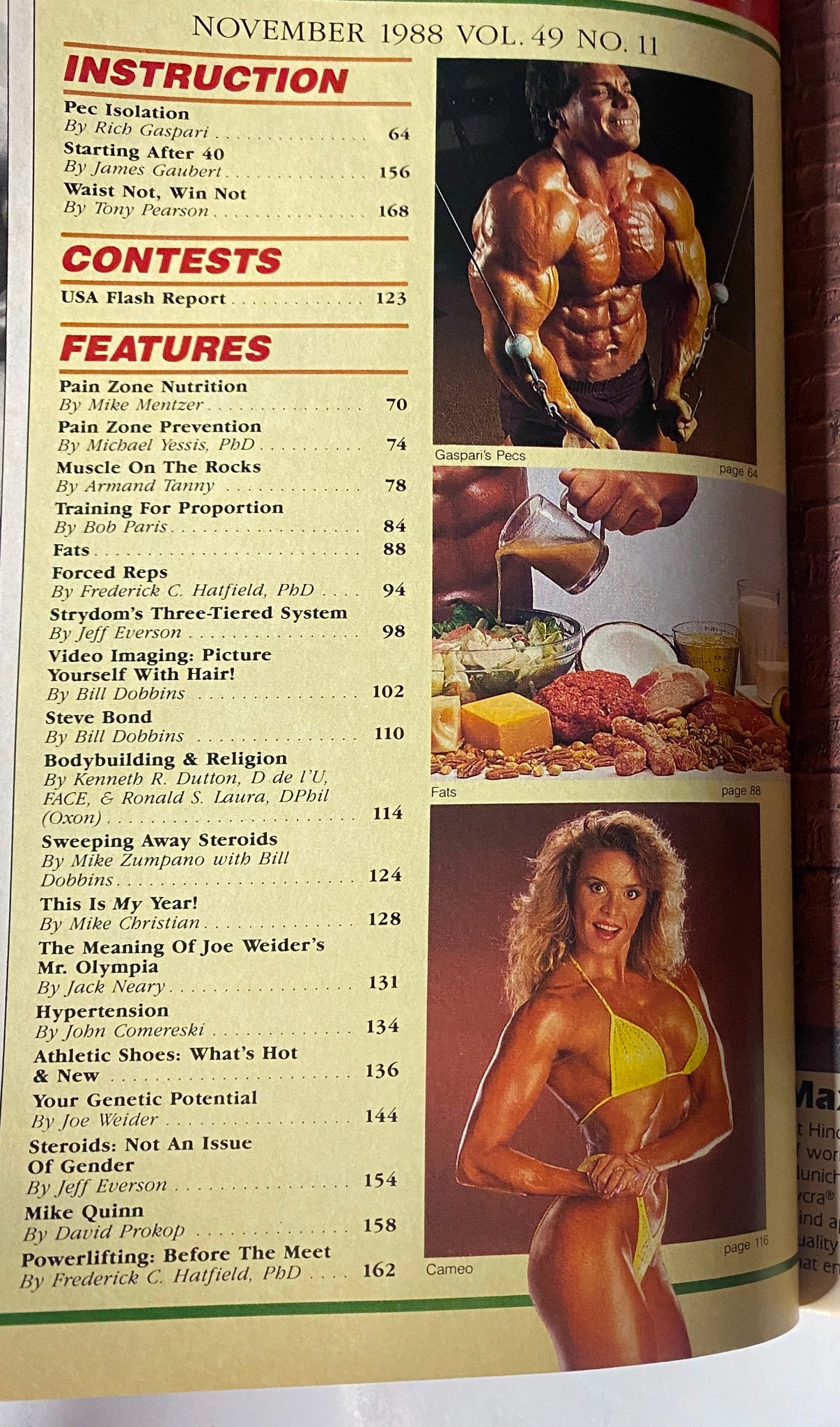 Interior page from Muscle & Fitness Magazine November 1988 containing contest results and articles, including topics like nutrition and pain zone training.