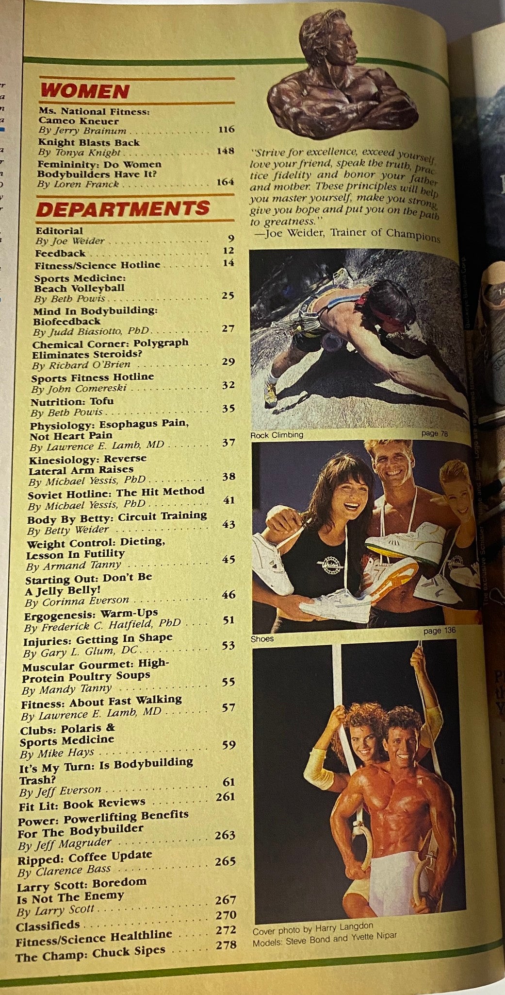 Another interior page from Muscle & Fitness Magazine November 1988, displaying women in fitness, bodybuilding editorial, and various health-related departments.