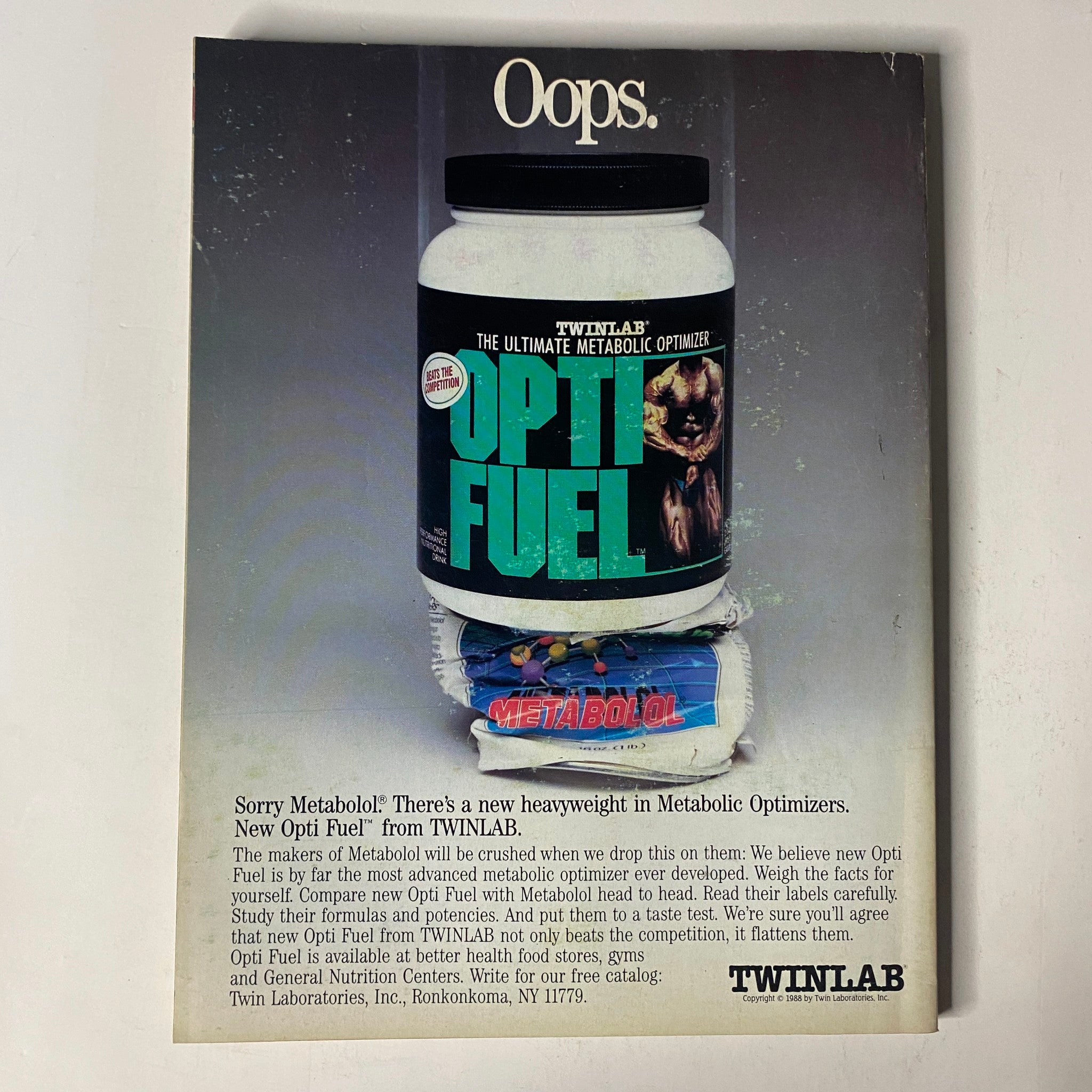 Back cover of Muscle & Fitness Magazine November 1988 advertising TwinLab's Metabolol and Opti Fuel products, emphasizing their benefits for bodybuilding.