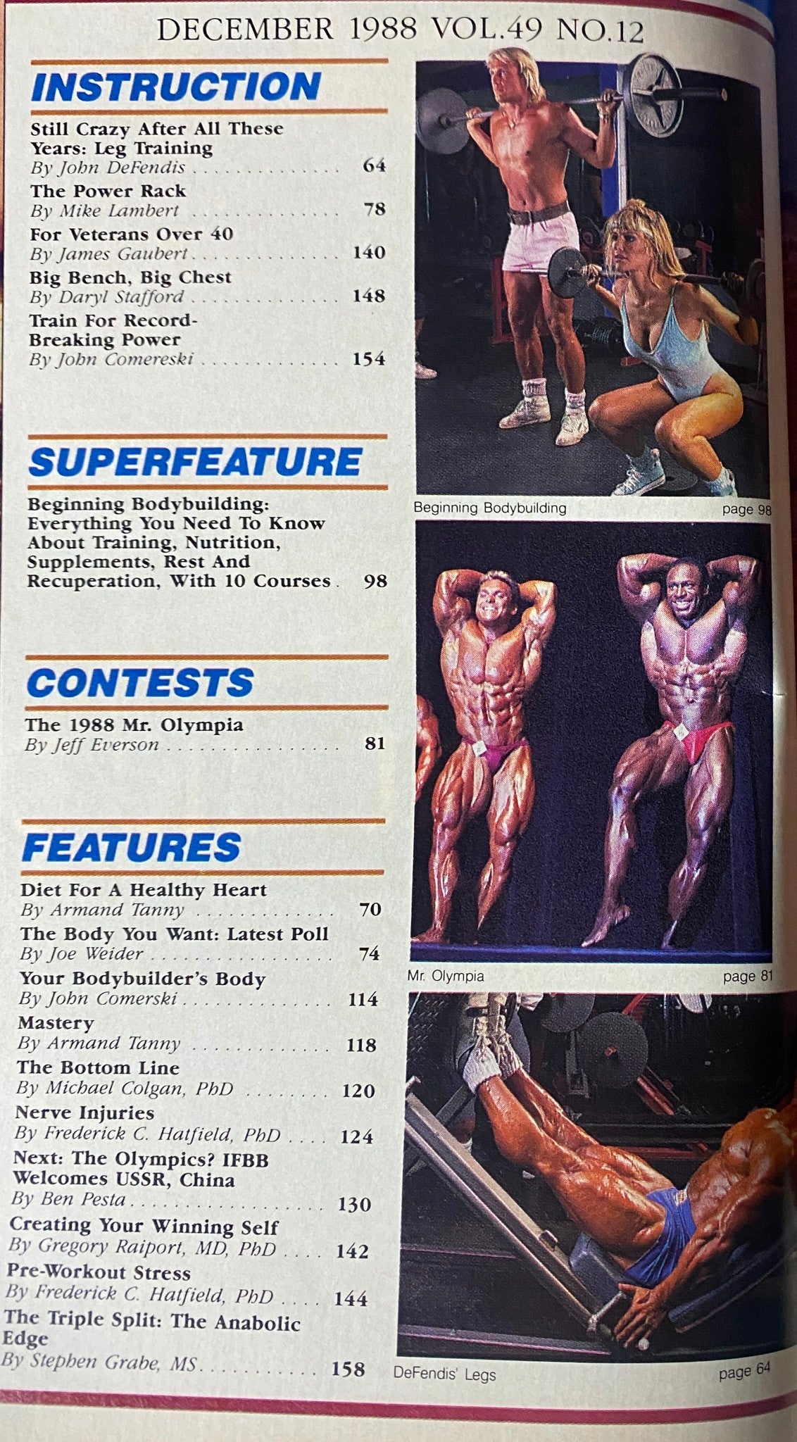 Muscle & Fitness Magazine December 1988 features Rich Gaspari and Debbie Dunning with articles on bodybuilding instruction, superfeatures, and the Mr. Olympia contest, showcasing tips on leg training, bodybuilding fundamentals, and fitness insights.
