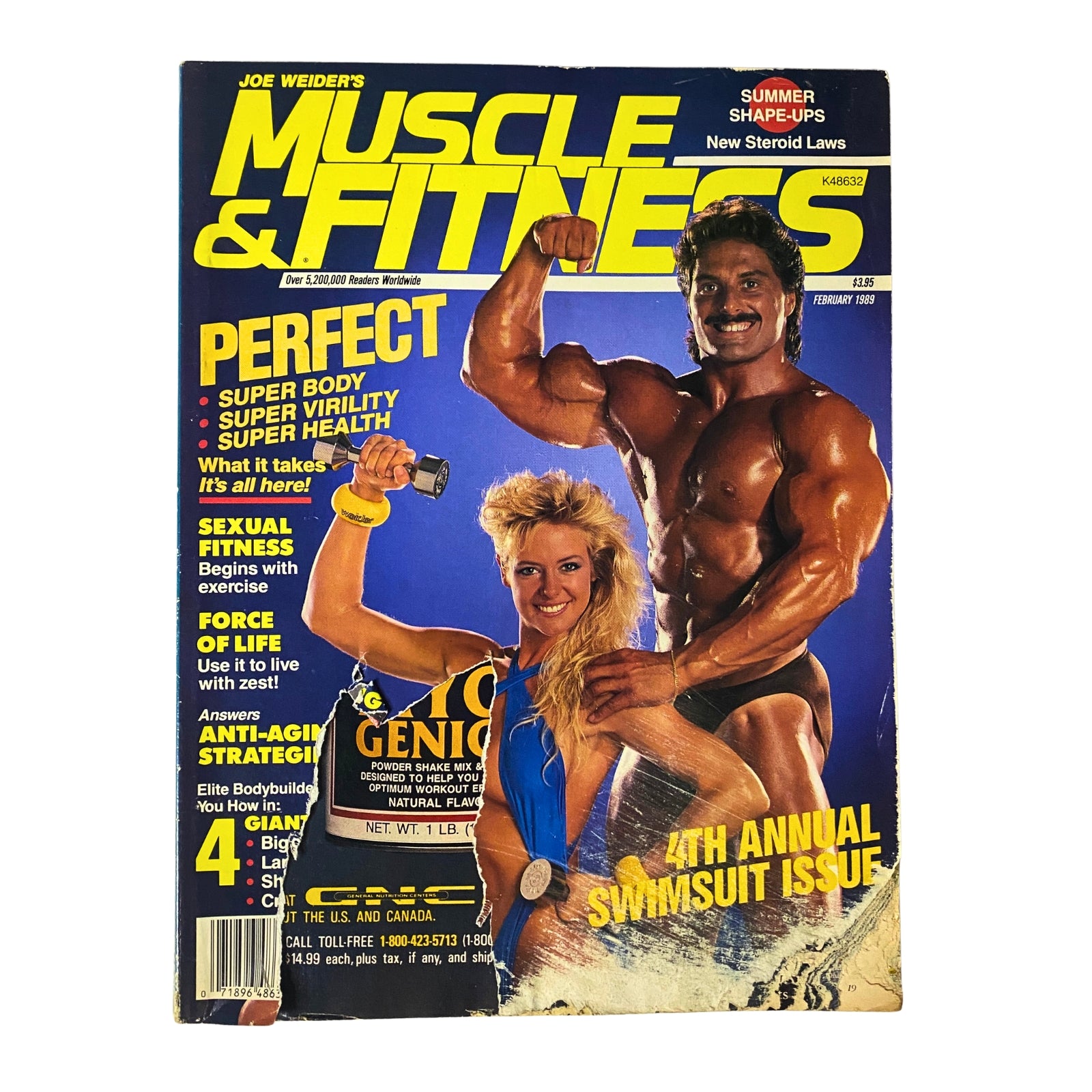 Cover of Muscle & Fitness Magazine February 1989 Joe Bucci No Label, featuring a muscular man with weights and a woman in a swimsuit promoting health and fitness.