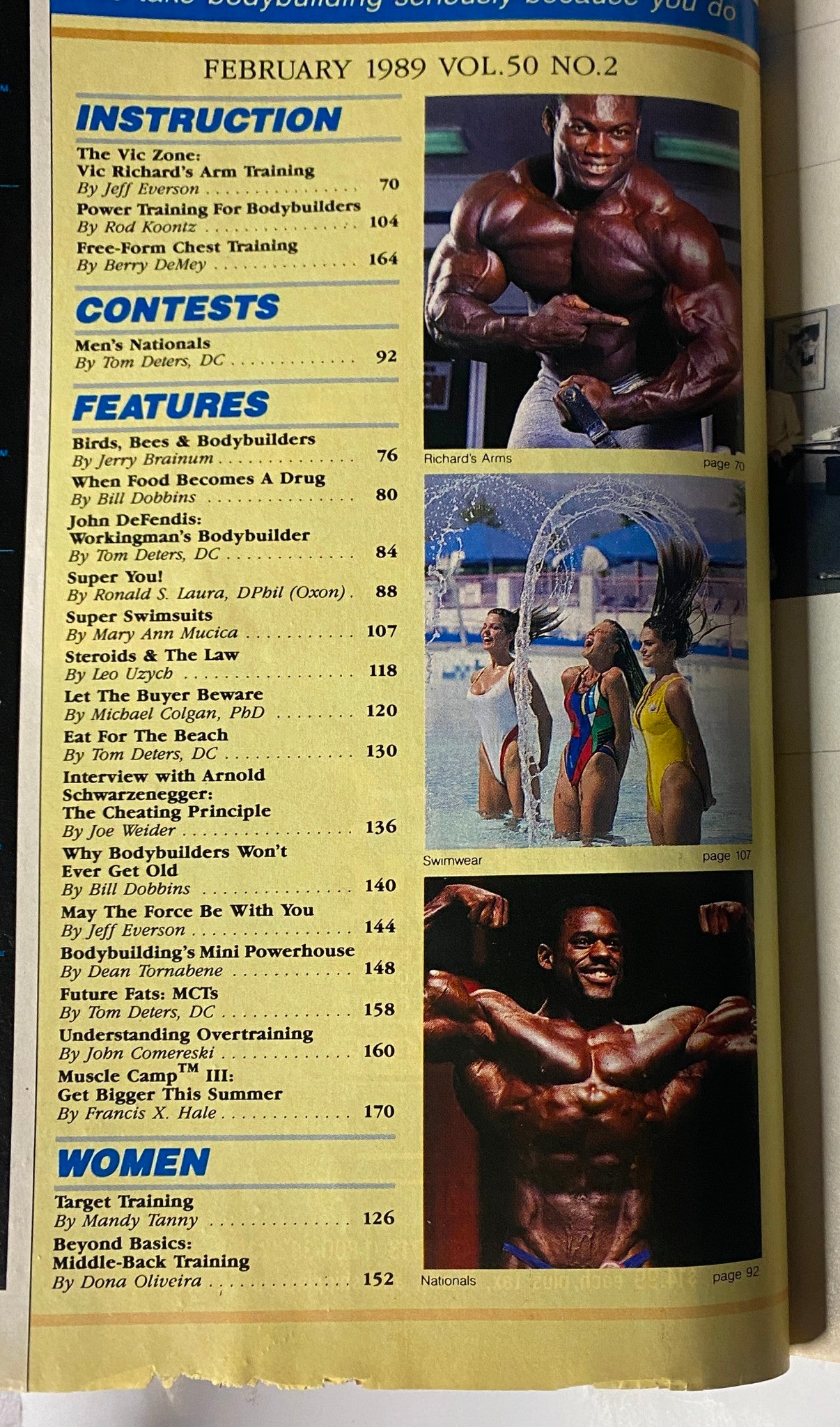 Table of contents page for Muscle & Fitness Magazine February 1989, highlighting features such as instruction, contests, and women’s training.