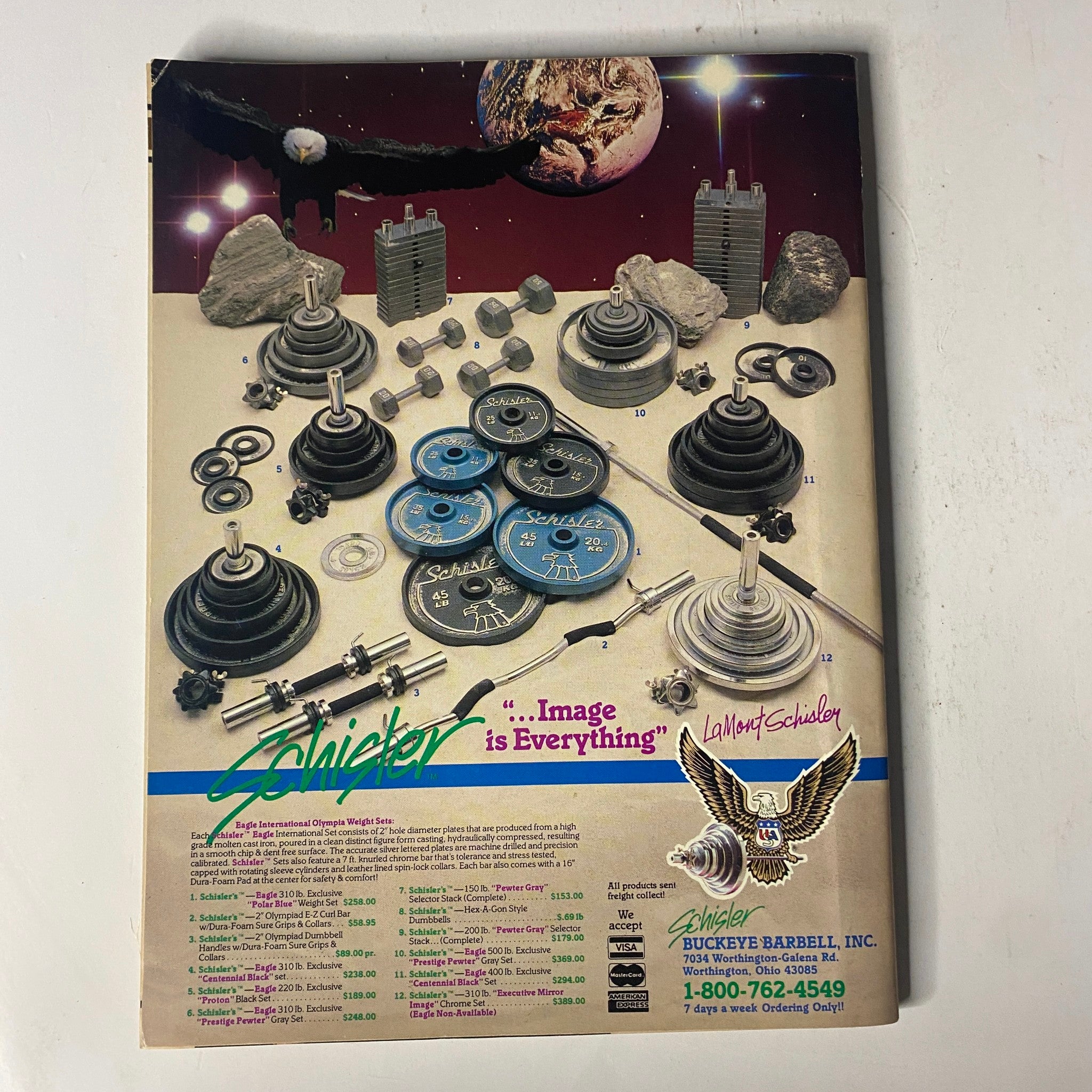 Back cover of Muscle & Fitness Magazine February 1989 displaying vintage barbell advertising with a space theme.