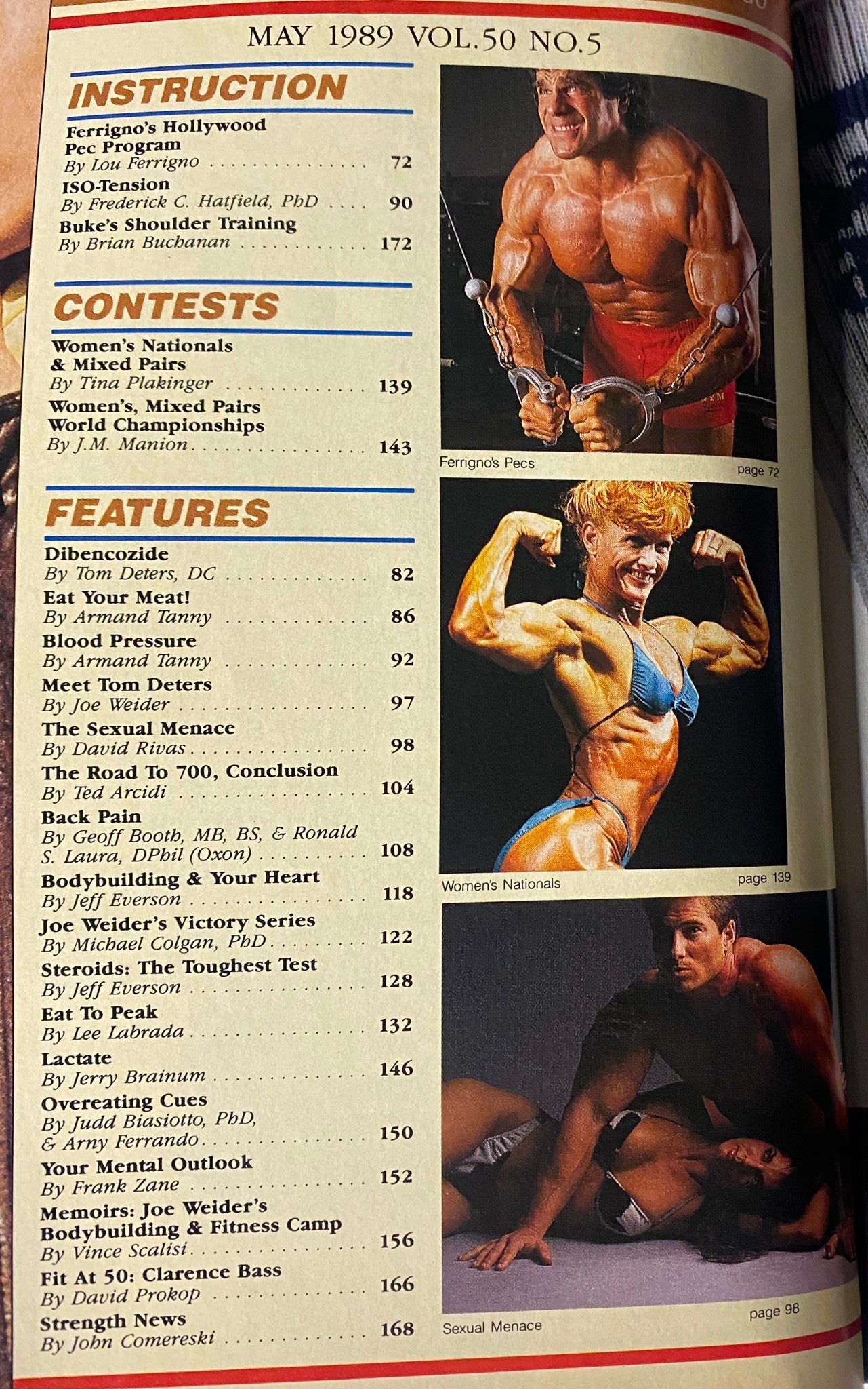 Inside page of Muscle & Fitness Magazine May 1989 detailing article contents including fitness instructions, contests, and features.