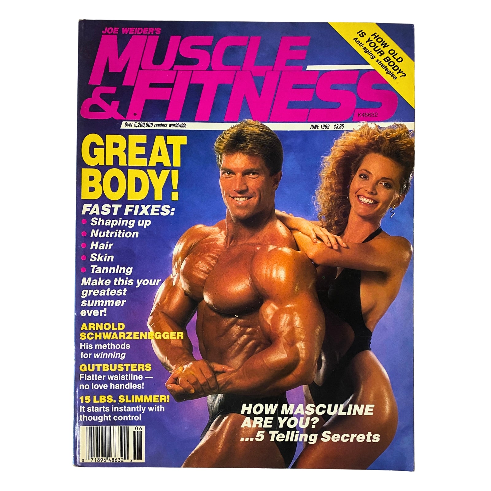 Muscle & Fitness Magazine June 1989 cover featuring a muscular man and a fitness model, promoting bodybuilding and fitness tips.