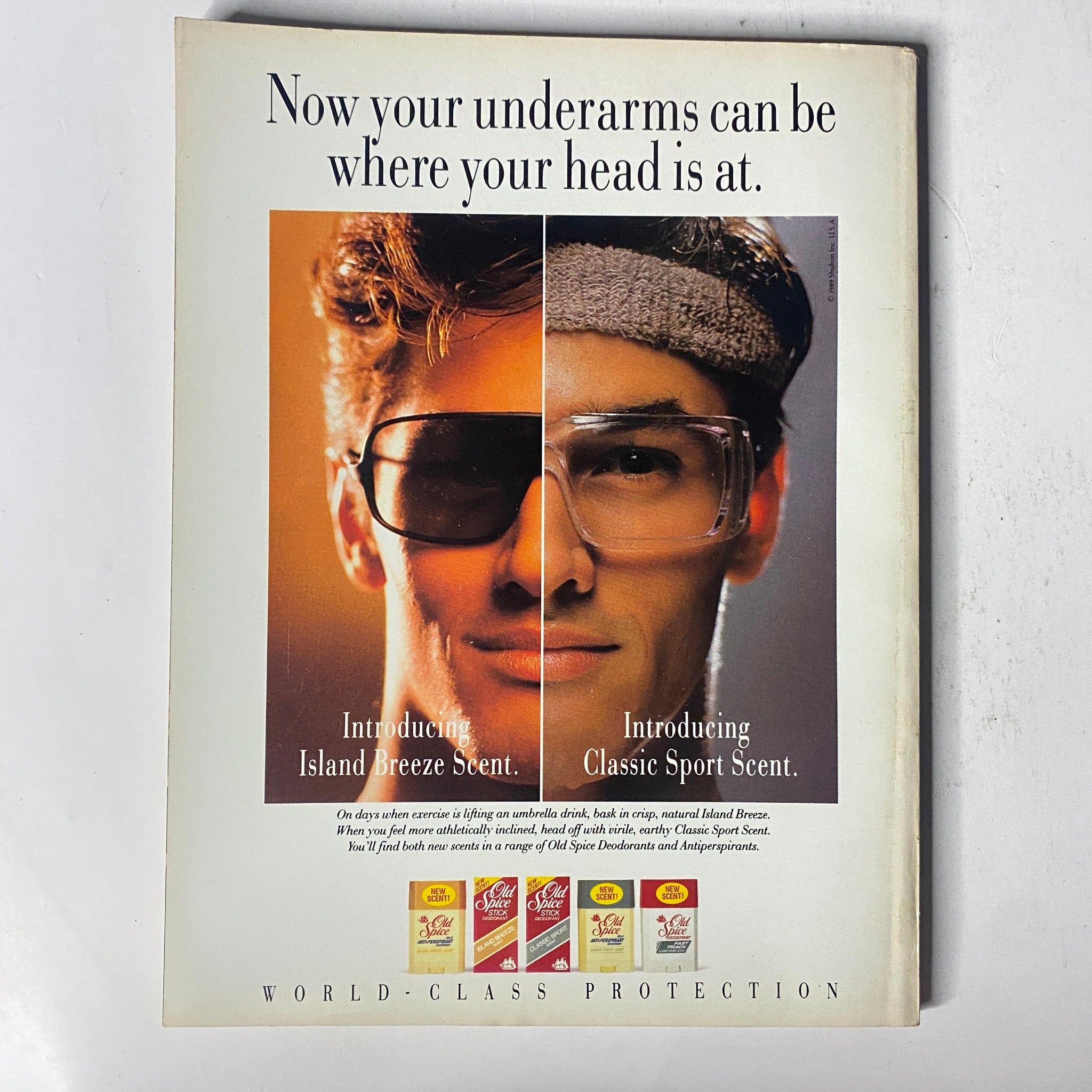 Advertisement from the back cover of Muscle & Fitness Magazine June 1989 introducing new scents for athletes.