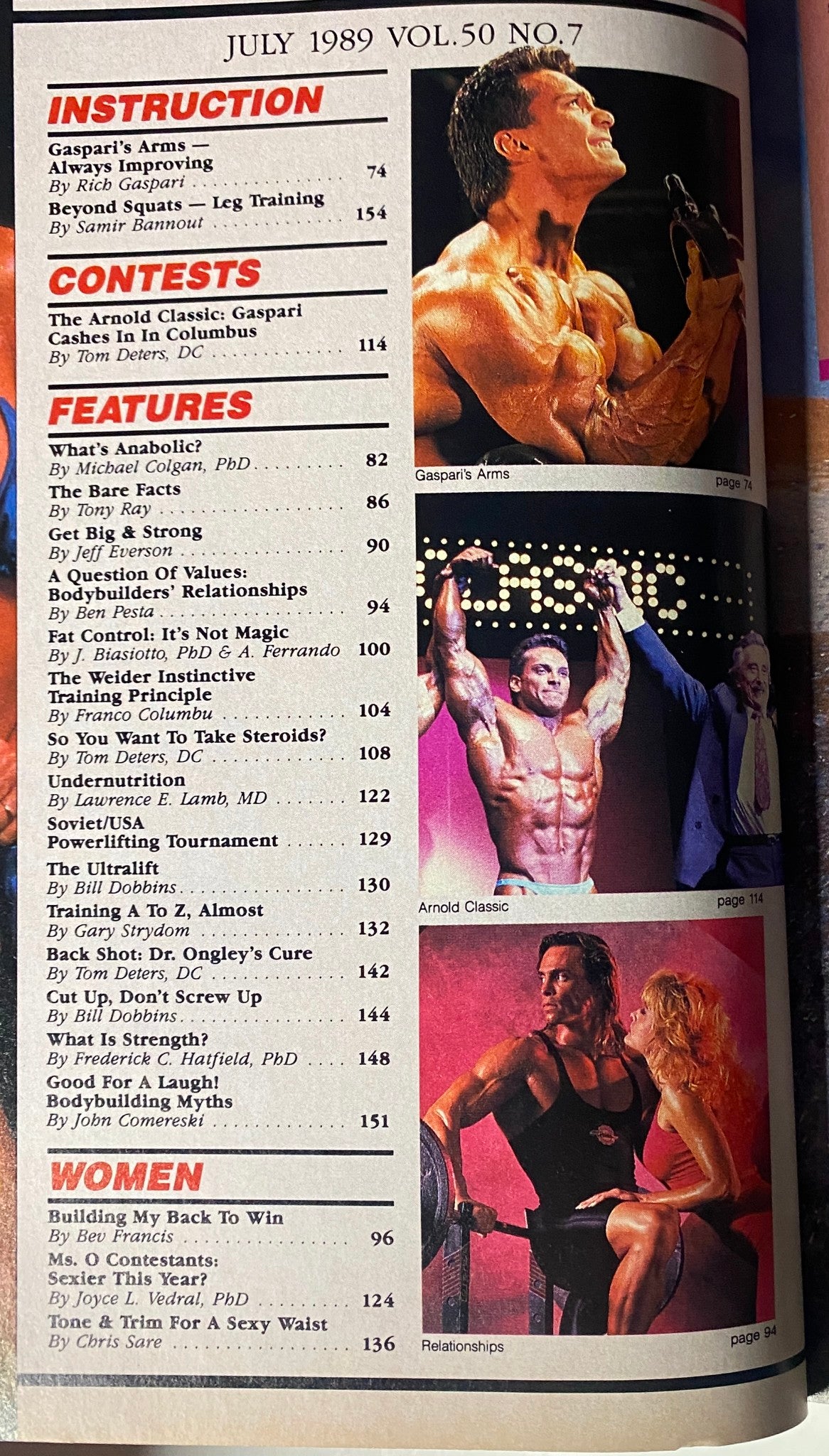 Contents page of Muscle & Fitness Magazine July 1989, listing articles on bodybuilding techniques, contests, and health advice.