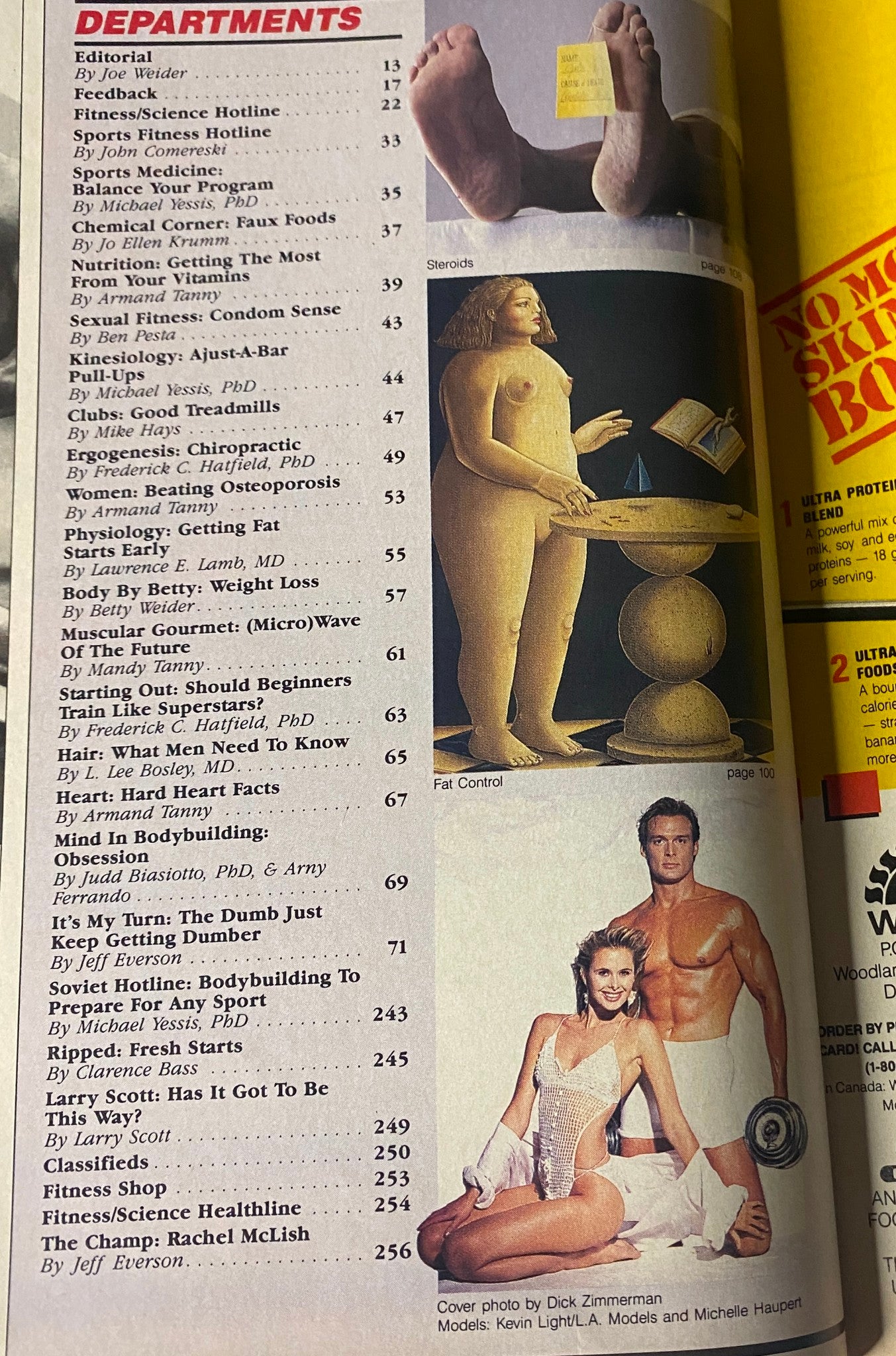 Departments page of Muscle & Fitness Magazine July 1989 featuring various topics including nutrition, fitness science, and bodybuilding myths.