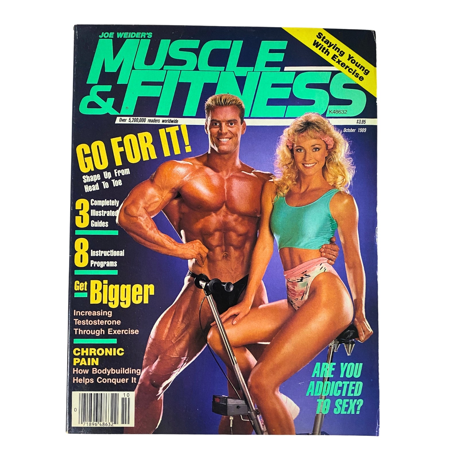 Cover of Muscle & Fitness Magazine, October 1989 featuring Berry DeMey and Kathy Stangel. The magazine emphasizes fitness with titles like 'Go For It!' and various fitness program highlights, showcasing a muscular male model and a female fitness enthusiast.