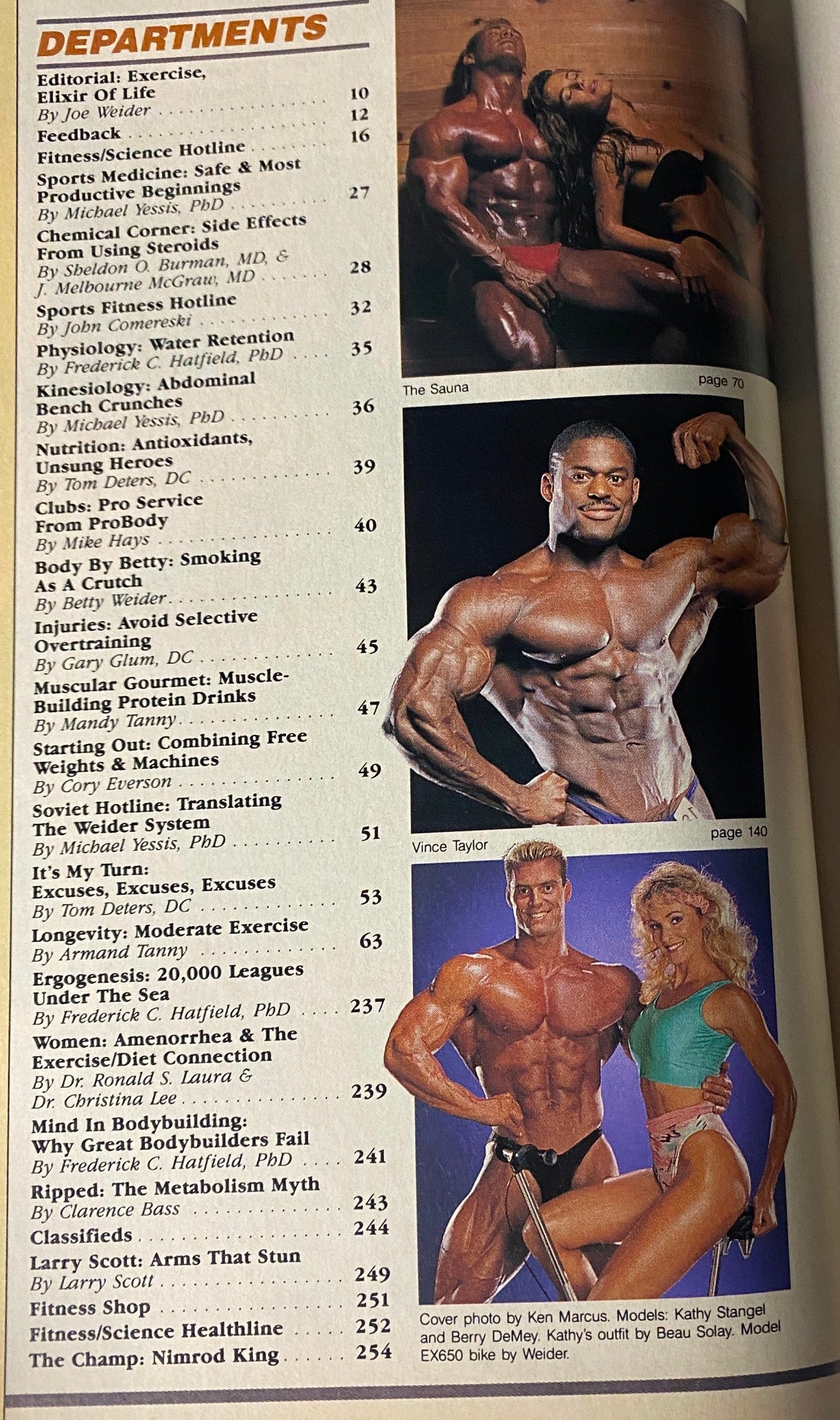 Muscle & Fitness Magazine October 1989 showcasing departments including The Sauna and fitness-related articles, featuring models Vince Taylor and additional content from page 70, 140, and others.