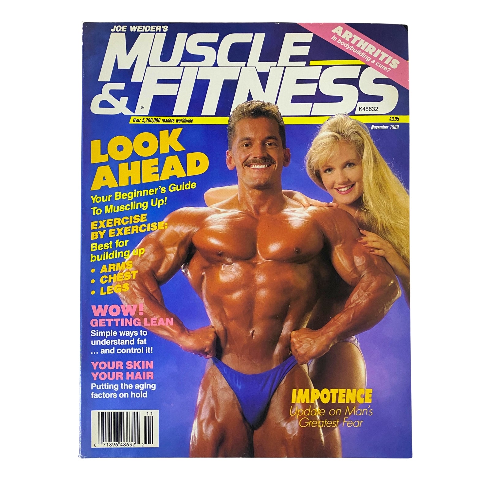 Muscle & Fitness Magazine November 1989 Vol 50 No. 11 featuring a muscular cover model and blonde female, showcasing fitness and bodybuilding themes.