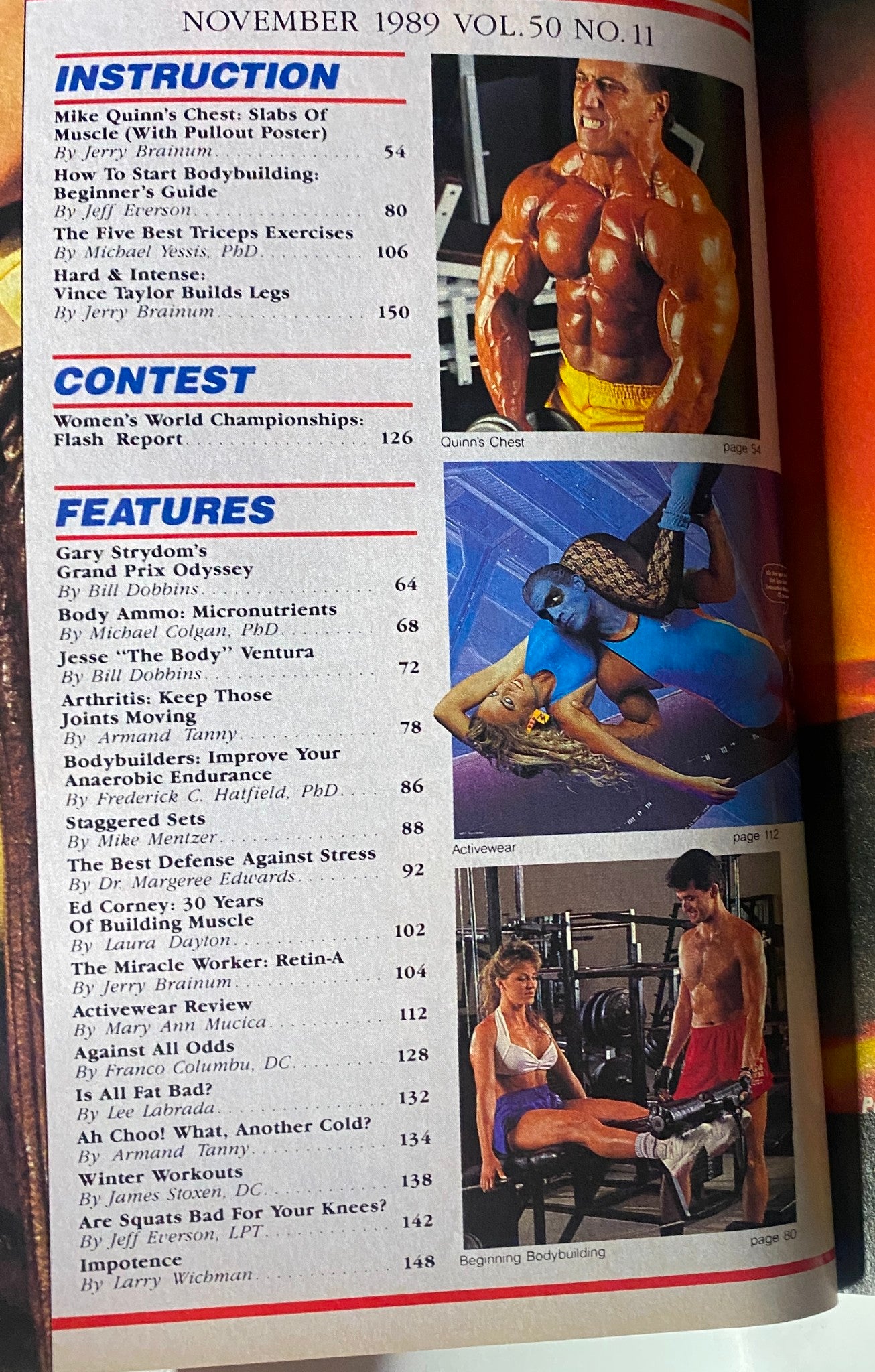 Inside content of Muscle & Fitness Magazine November 1989 Vol 50 No. 11 highlighting various bodybuilding articles and personal trainer tips, with images of athletes.