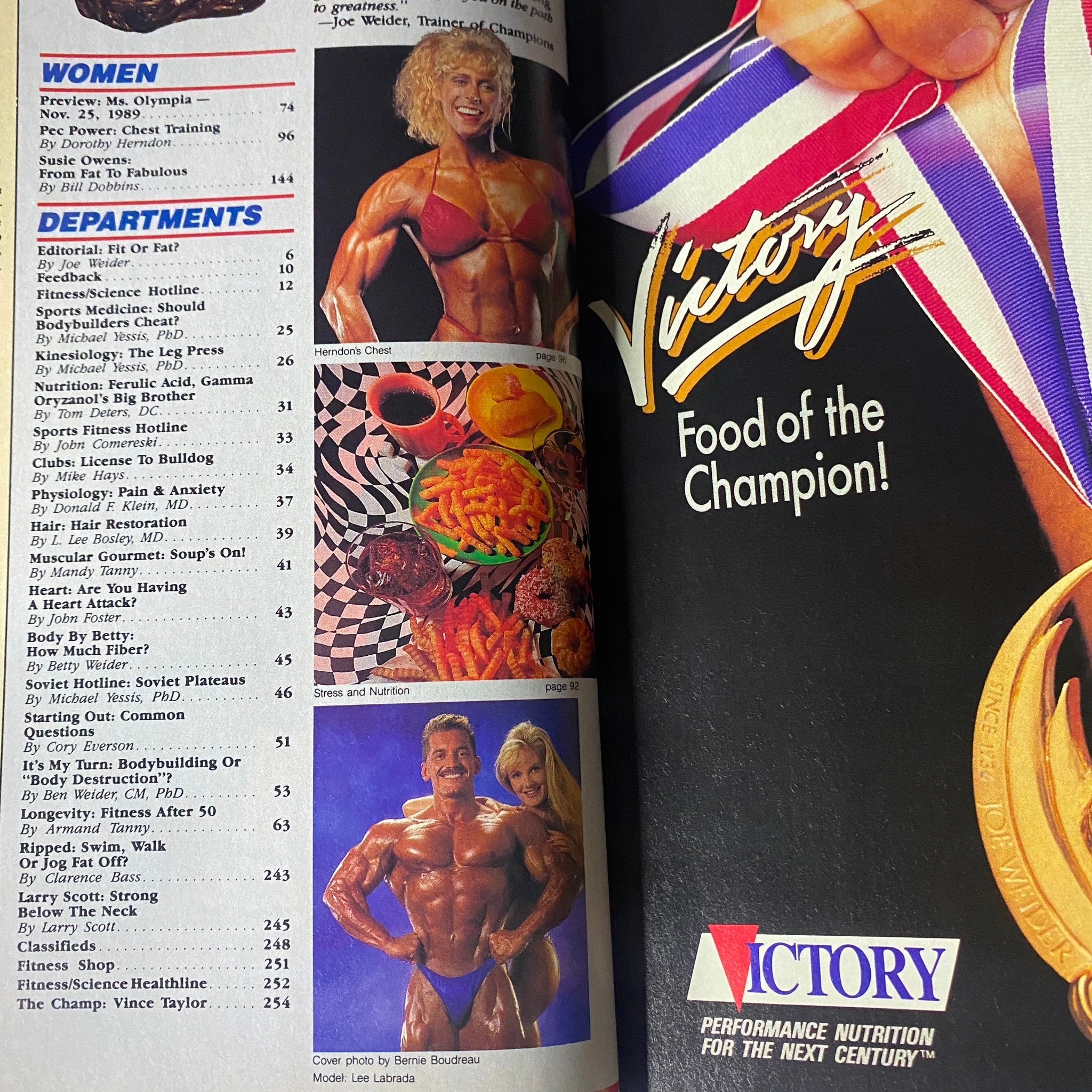 Muscle & Fitness Magazine November 1989 Vol 50 No. 11 featuring a vibrant layout with articles on bodybuilding, nutrition, and fitness tips, showcasing cover photo of a triumphant athlete with the title 'Food of the Champion'.