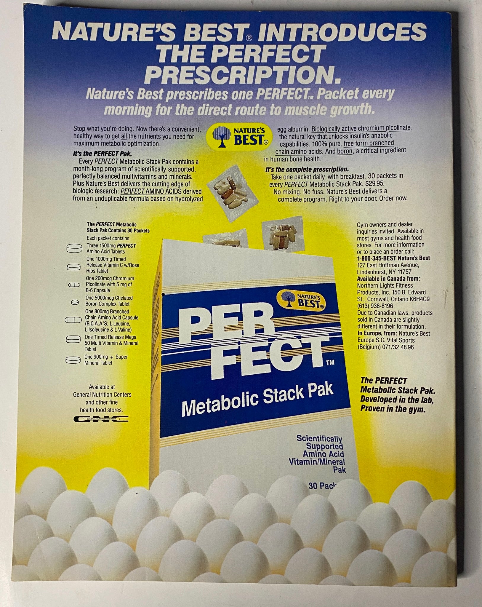 Nature's Best introduces the Perfect Prescription, promoting its Perfect Metabolic Stack Pak with vibrant packaging, claiming to support muscle growth and health, designed for fitness enthusiasts and bodybuilders.
