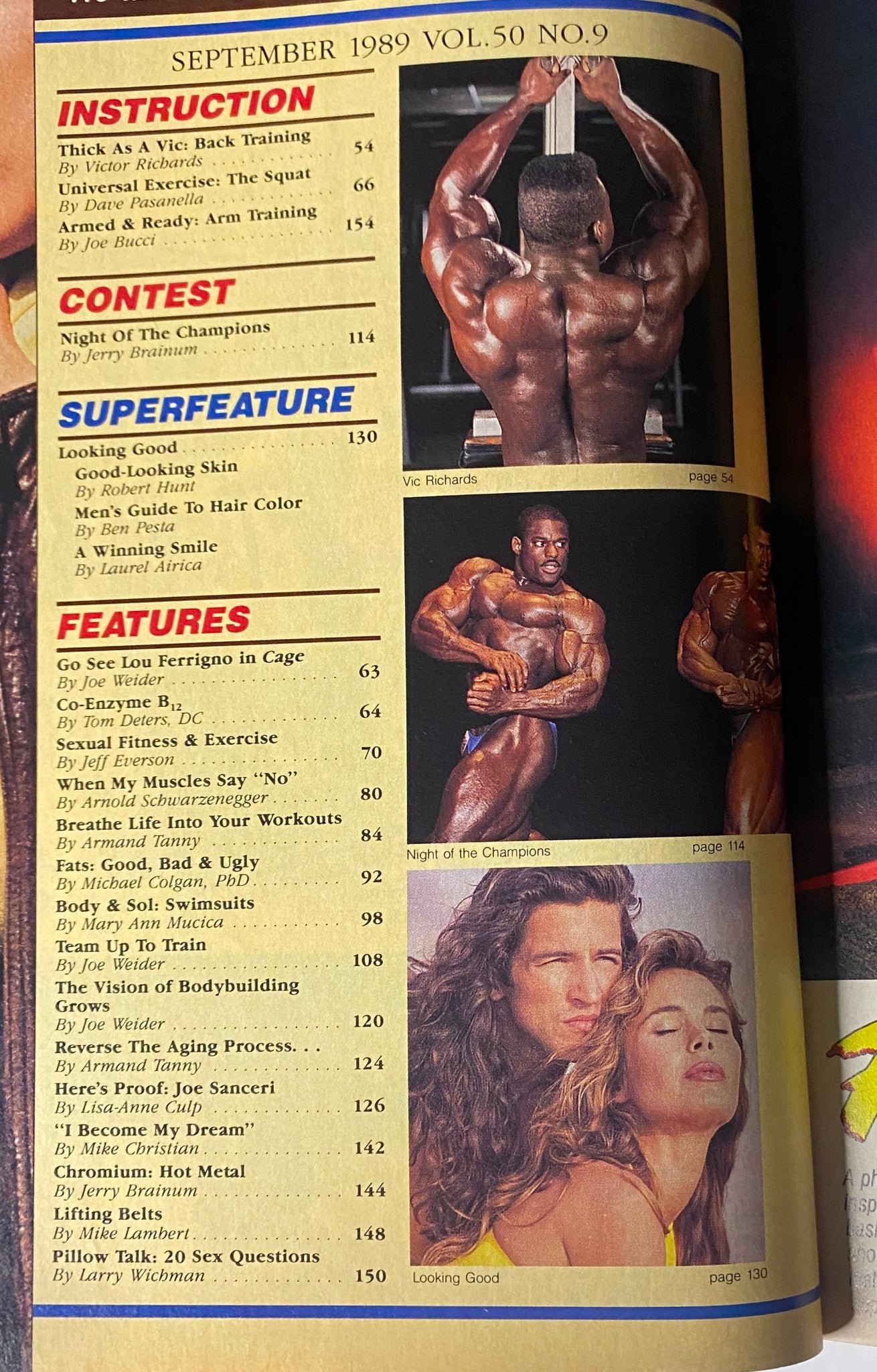 Contents page from Muscle & Fitness Magazine September 1989, listing articles on bodybuilding training, skincare, and fitness competitions.