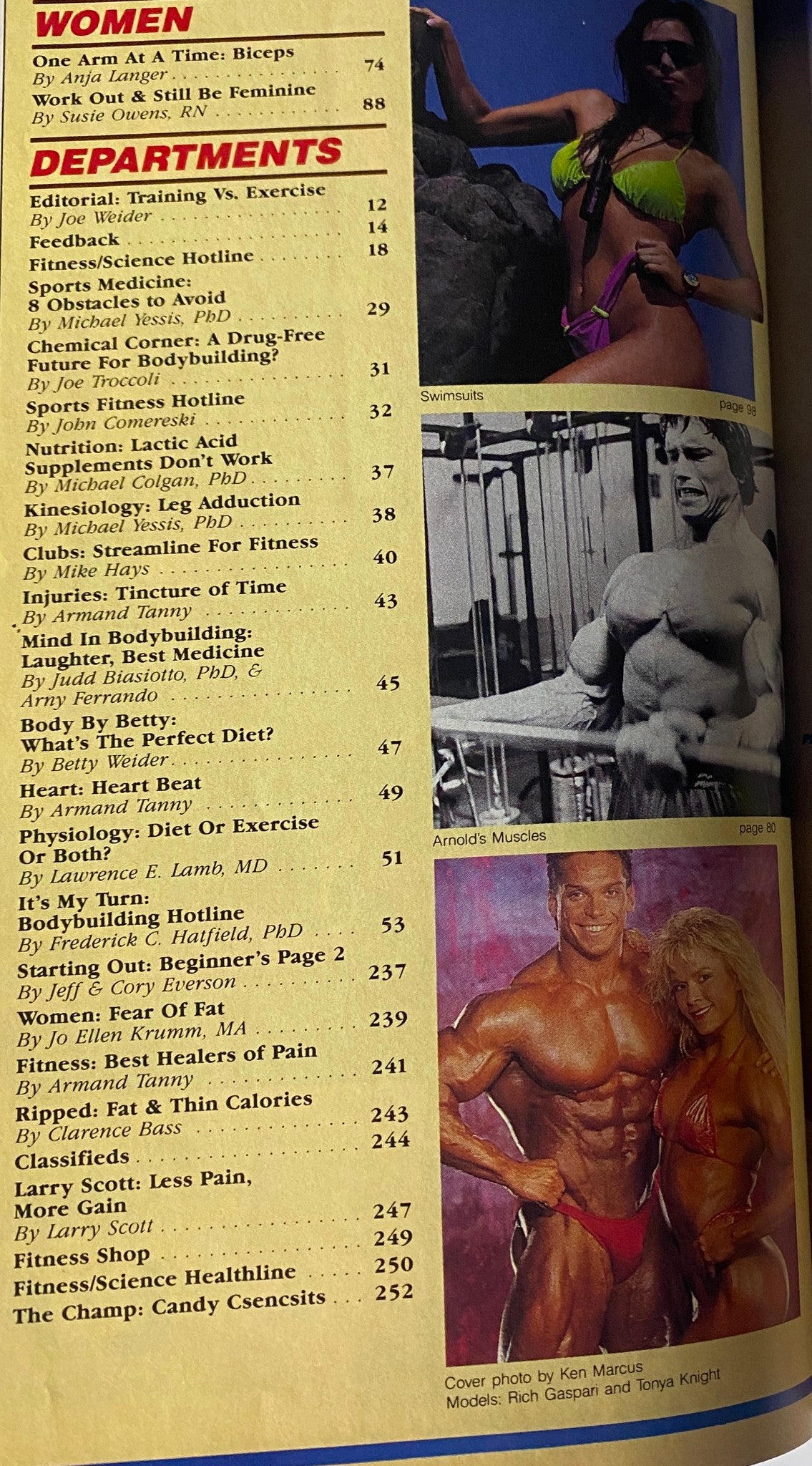 Department page from Muscle & Fitness Magazine September 1989, highlighting fitness articles and featuring models Rich Gaspari and Tonya Knight.