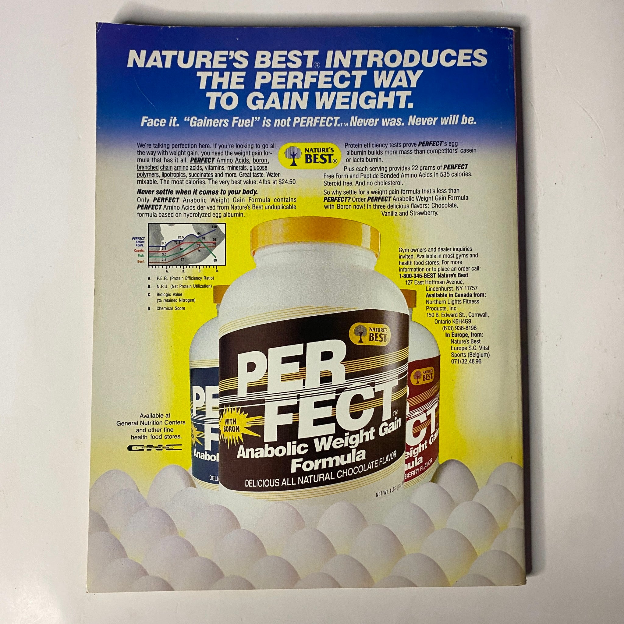 Back cover of Muscle & Fitness Magazine September 1989 featuring an advertisement for Nature's Best Perfect Anabolic Weight Gain Formula. The ad highlights that it is the perfect way to gain weight with a bold design and vibrant colors, complementing the magazine's focus on fitness.