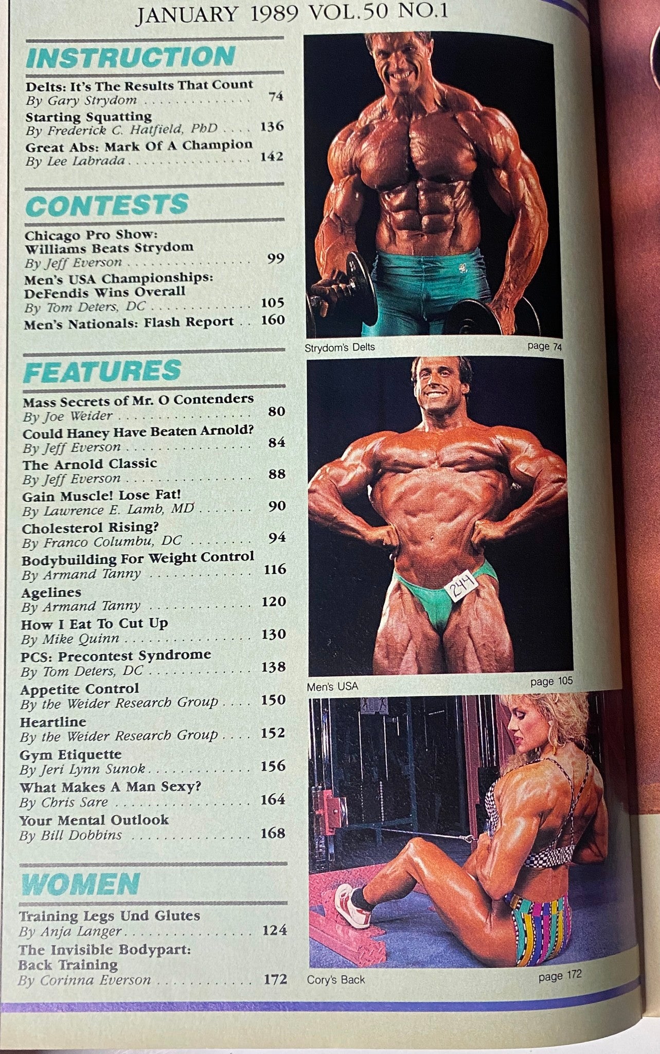 Page from Muscle & Fitness Magazine January 1989 showcasing articles on bodybuilding techniques, including 'Strydom's Delts' and contest results.